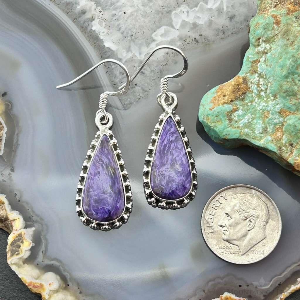 Sterling Silver Southwestern Style Teardrop Charoite Dangle Earrings For Women