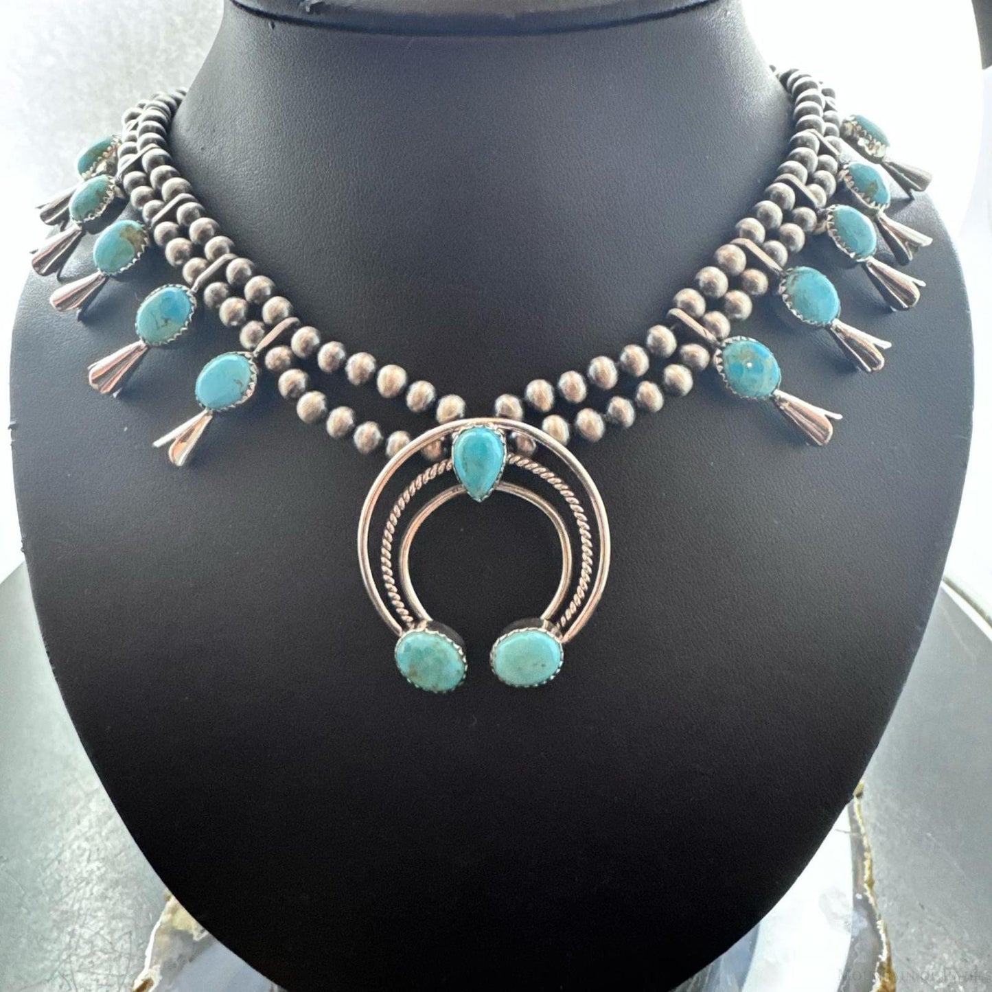 Sterling Silver Southwestern Style Turquoise Squash Blossom 18"-20" Necklace For Women