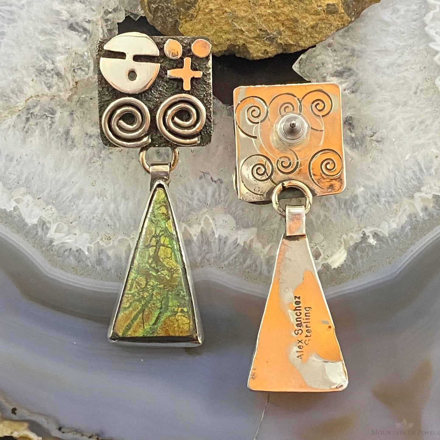 Alex Sanchez Native American Sterling Silver Triangle Green Maligano Petroglyph Dangle Earrings