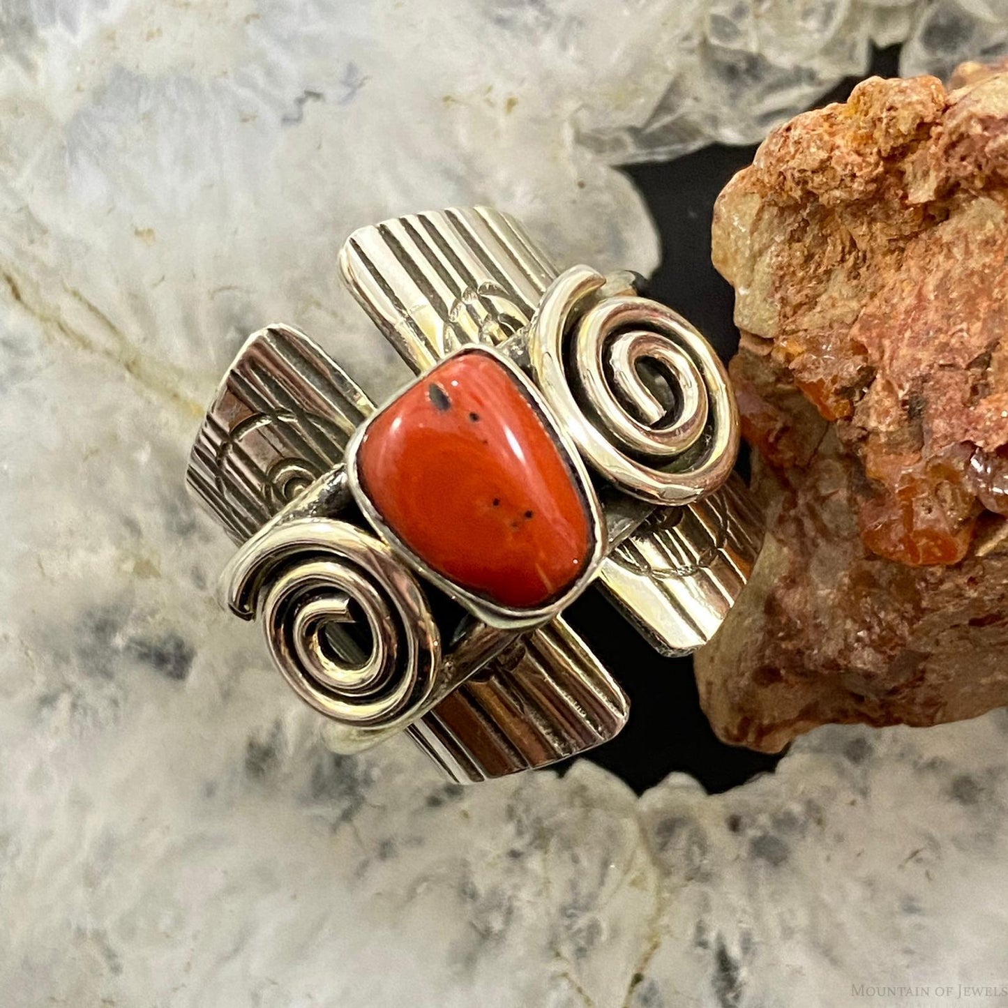 Alex Sanchez Sterling Silver Coral Unique Petroglyph Band Ring Sz 5.5 For Women