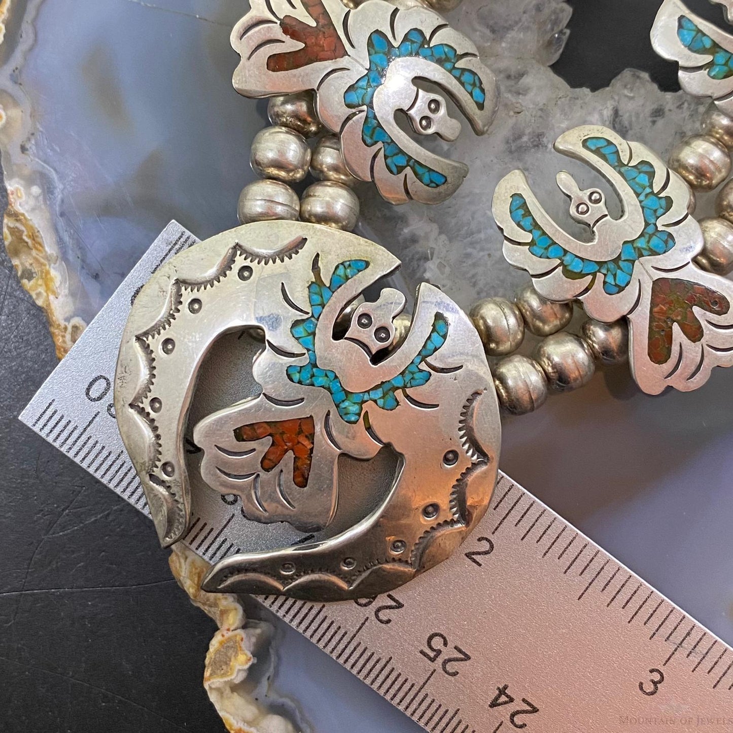 Vintage Native American Silver Chip Inlay Thunderbird Squash Blossom Necklace