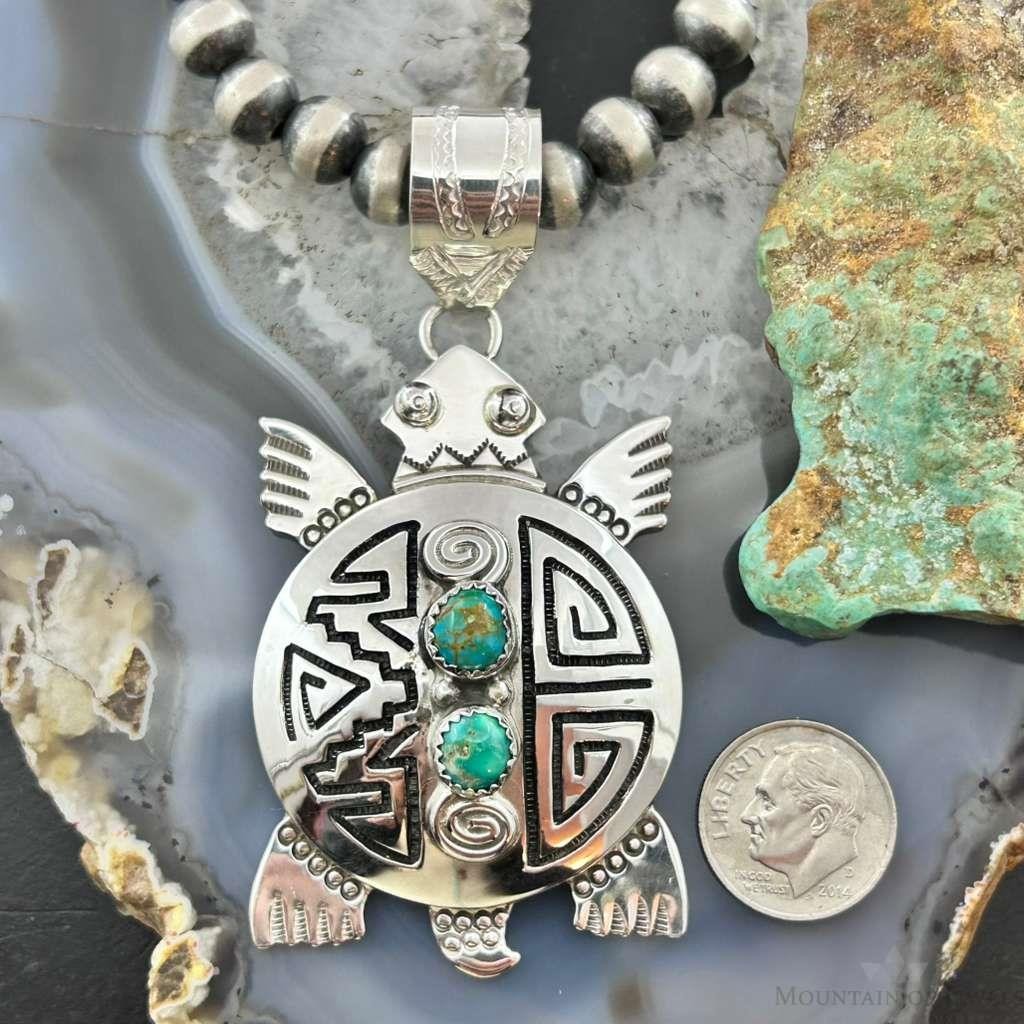 Alonzo Mariano Sterling Silver Overlay Turtle & 2 Turquoise Unisex Pendant #1