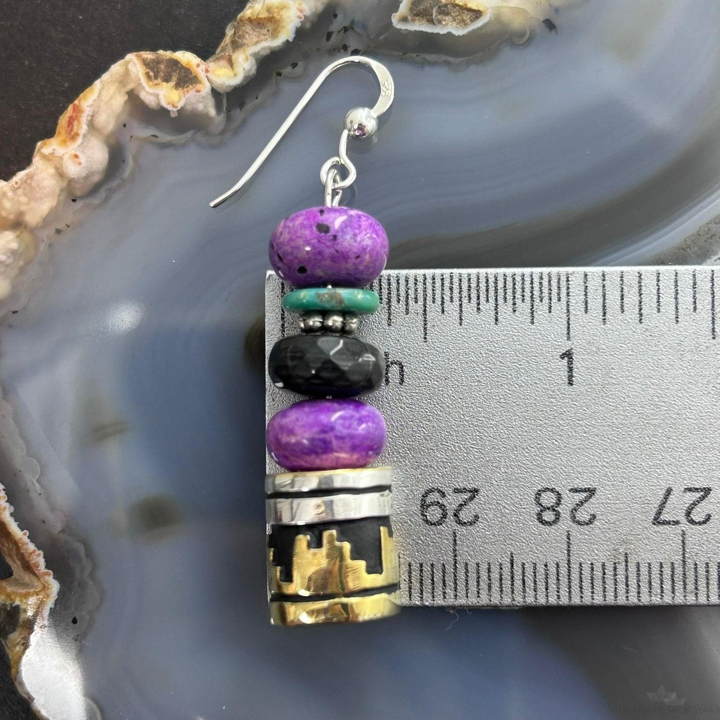 Tommy & Rosita Singer Sterling Silver Charoite & Onyx Bead Dangle Earrings For Women