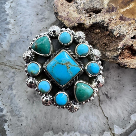 Sterling Silver Southwestern Style Composite Turquoise Cluster Adjustable Ring For Women