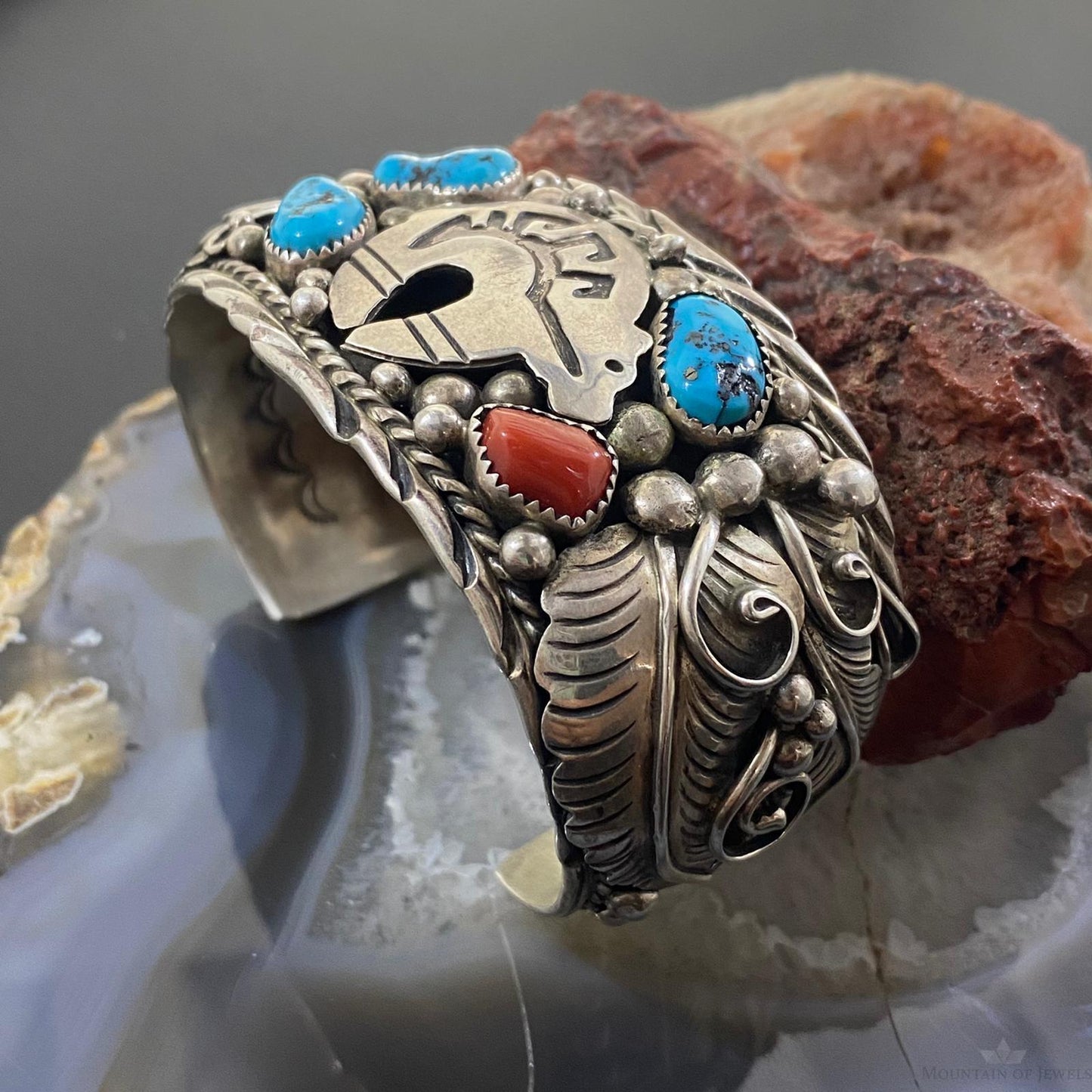Native American Sterling Silver Turquoise & Coral Leaf Decorated Bracelet For Men