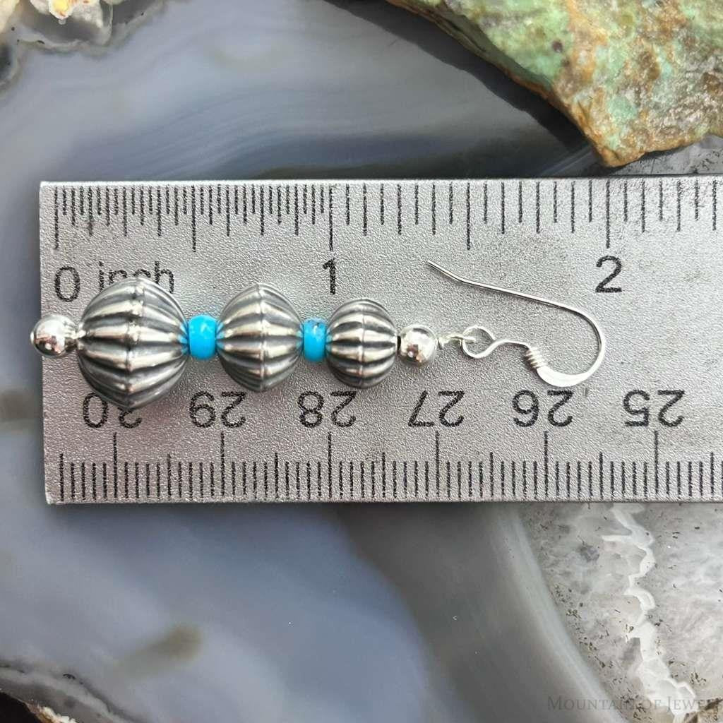 Native American Sterling Silver Grooved Saucer Pearl Beads w/Turquoise Dangle Earringsn For Women