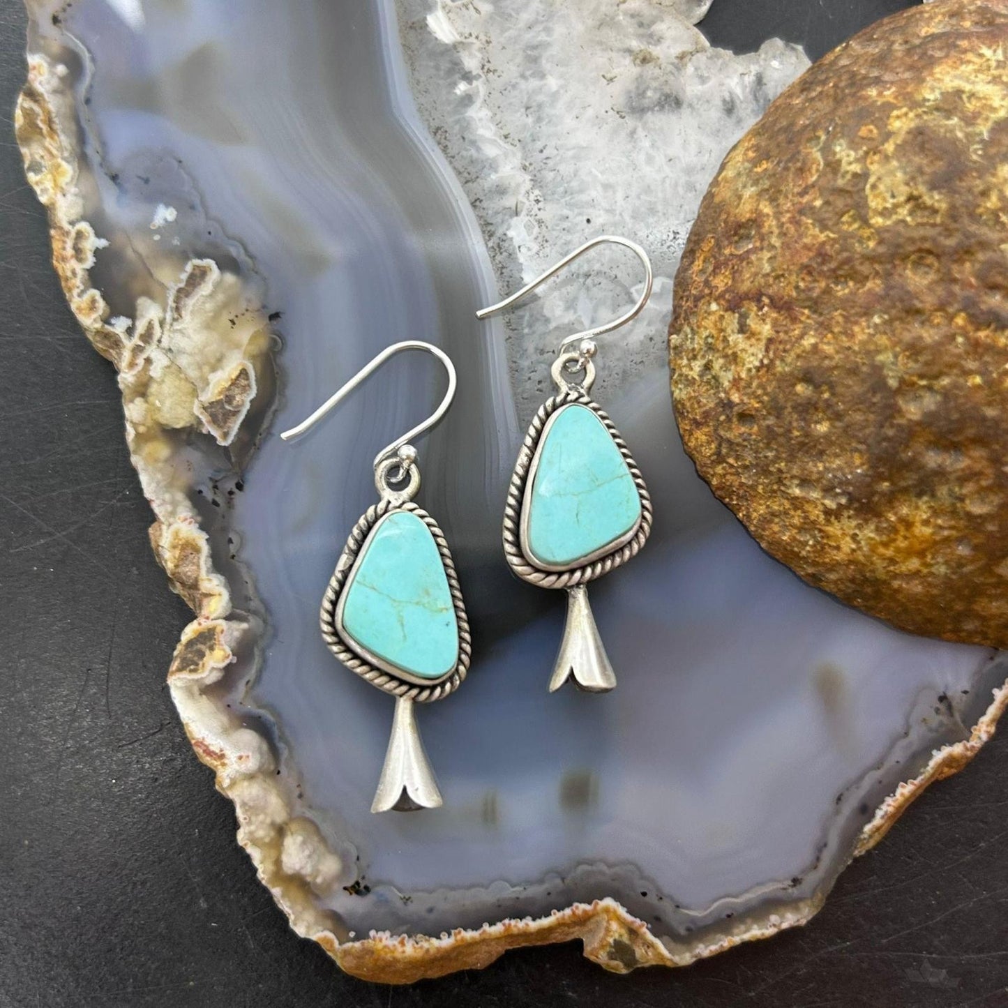 Sterling Silver Southwestern Style Turquoise Squash Blossom Dangle Earrings For Women #2