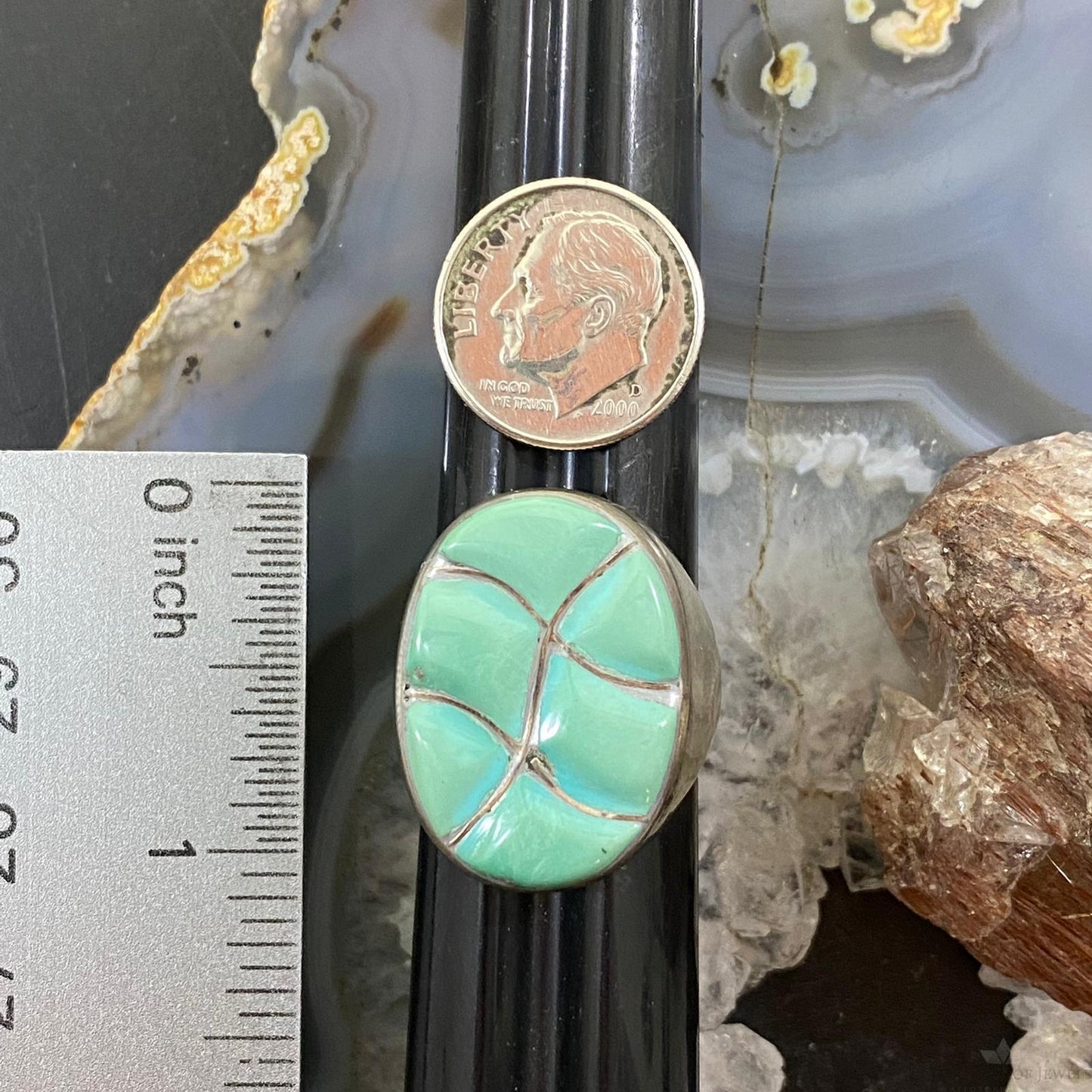 Native American Silver Oval Turquoise Inlay Unisex Shield Ring Size 9