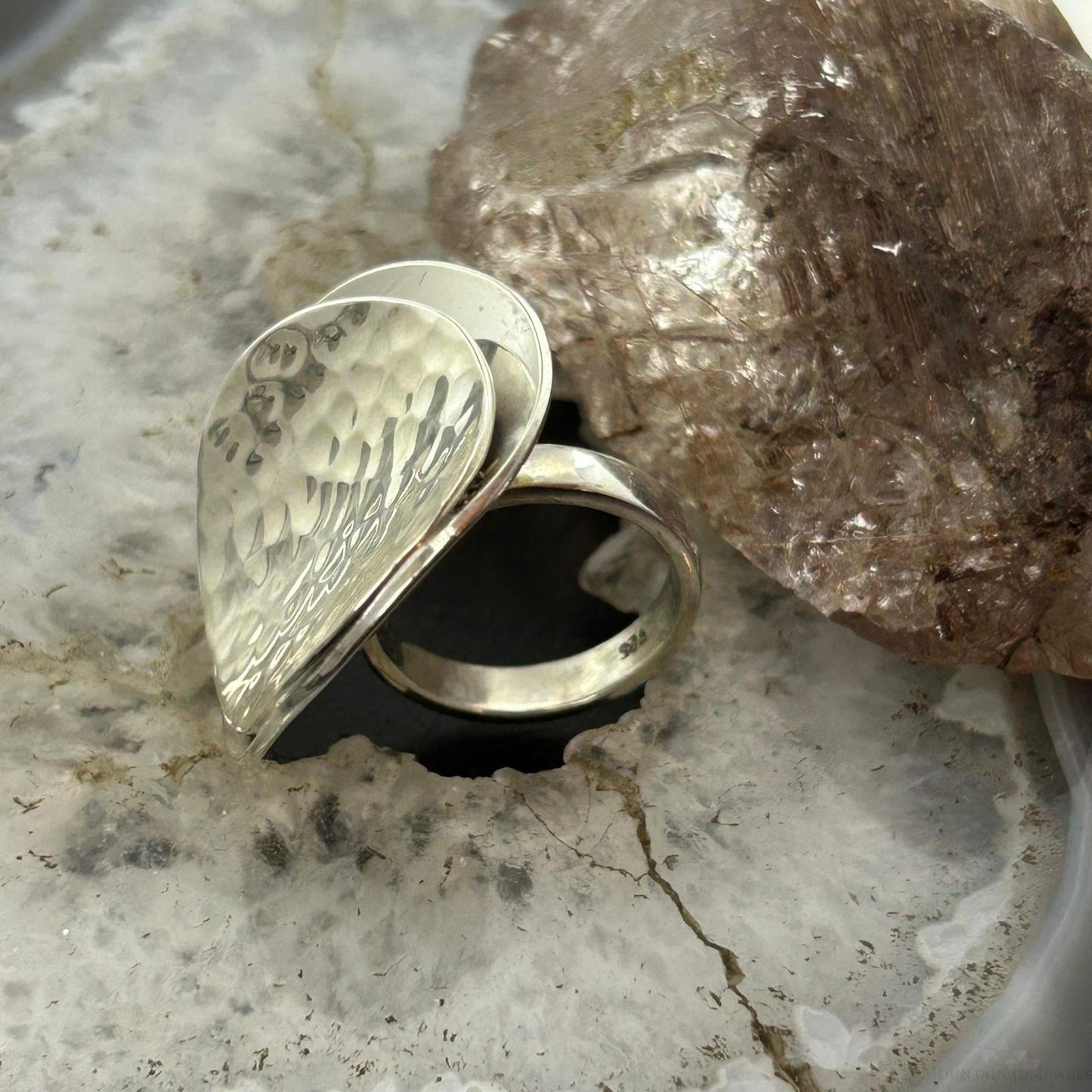 Sterling Silver Smooth & Hammered Stacked Round Ring For Women, Taxco Mexico