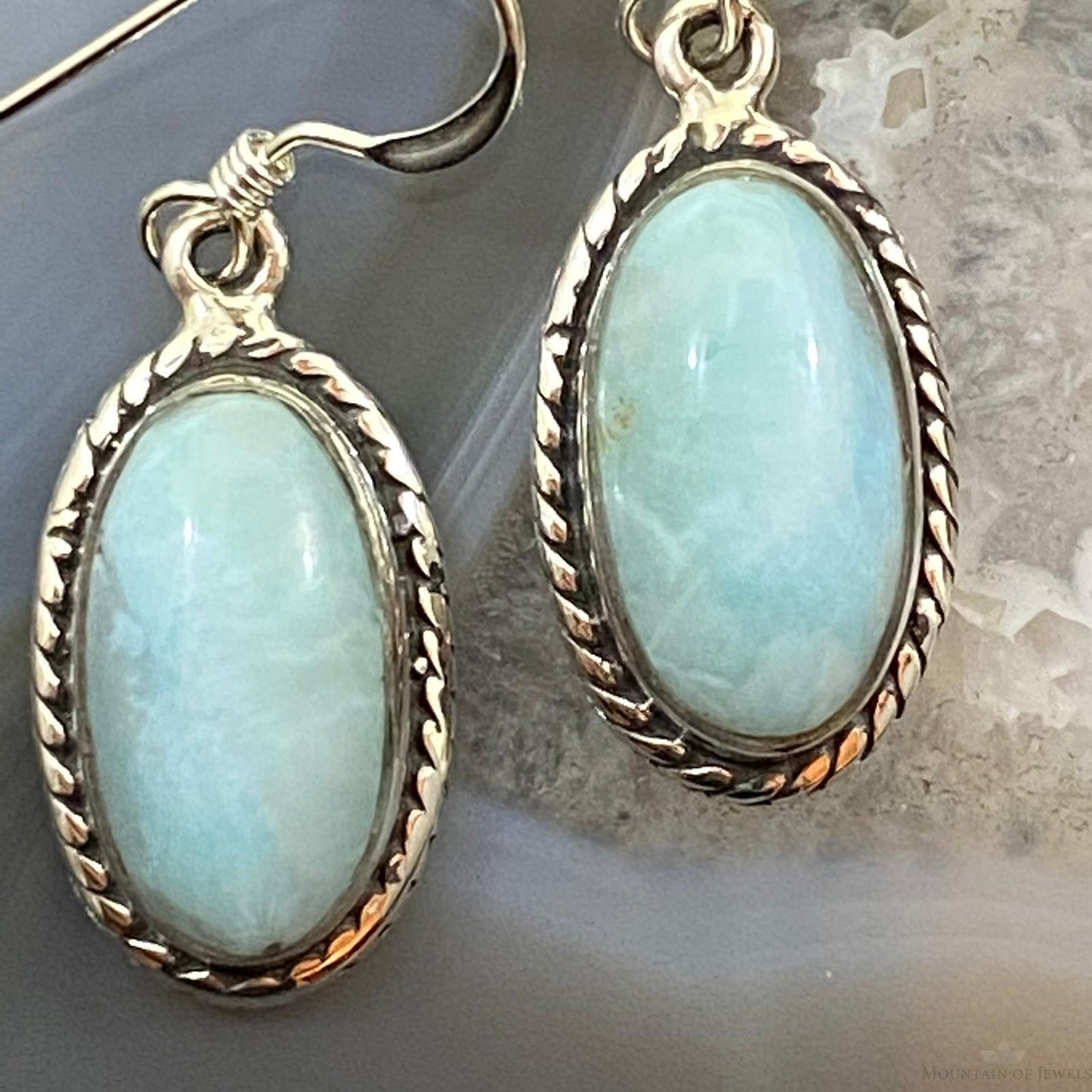 Native American Sterling Silver Oval Larimar Dangle Earrings For Women