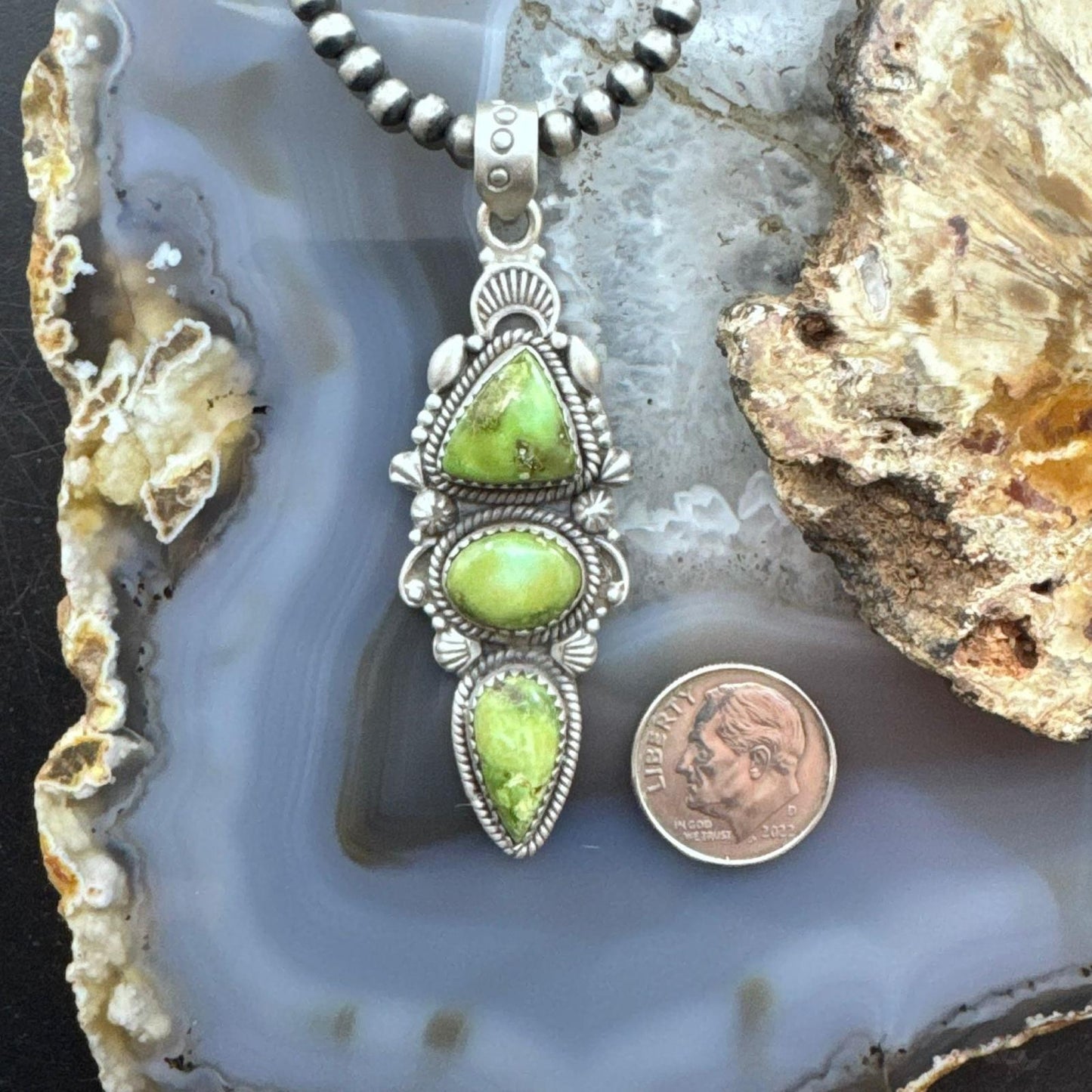 Sterling Silver Southwestern Style 3 Sonora Gold Turquoise Decorated Pendant For Women