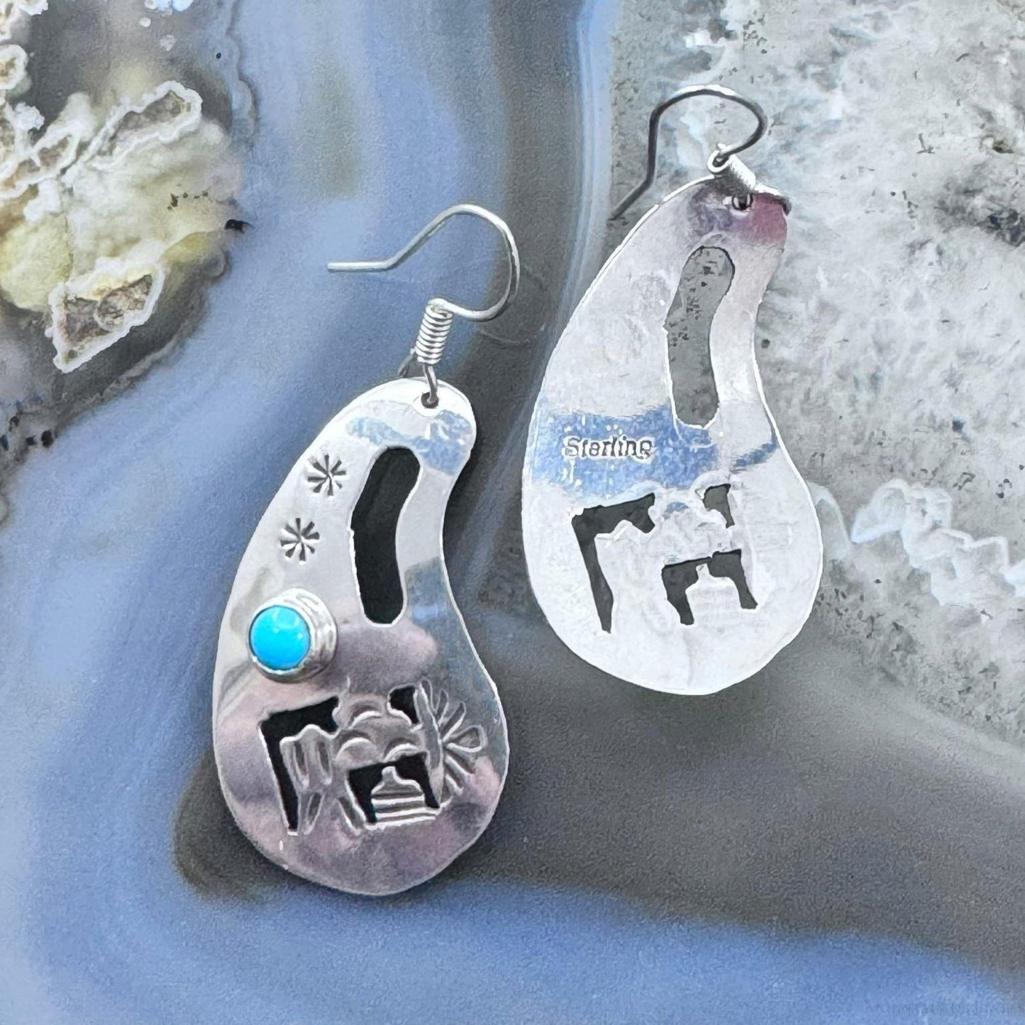 Native American Sterling Silver Cutout SW Motifs w/Turquoise Dangle Earrings For Women