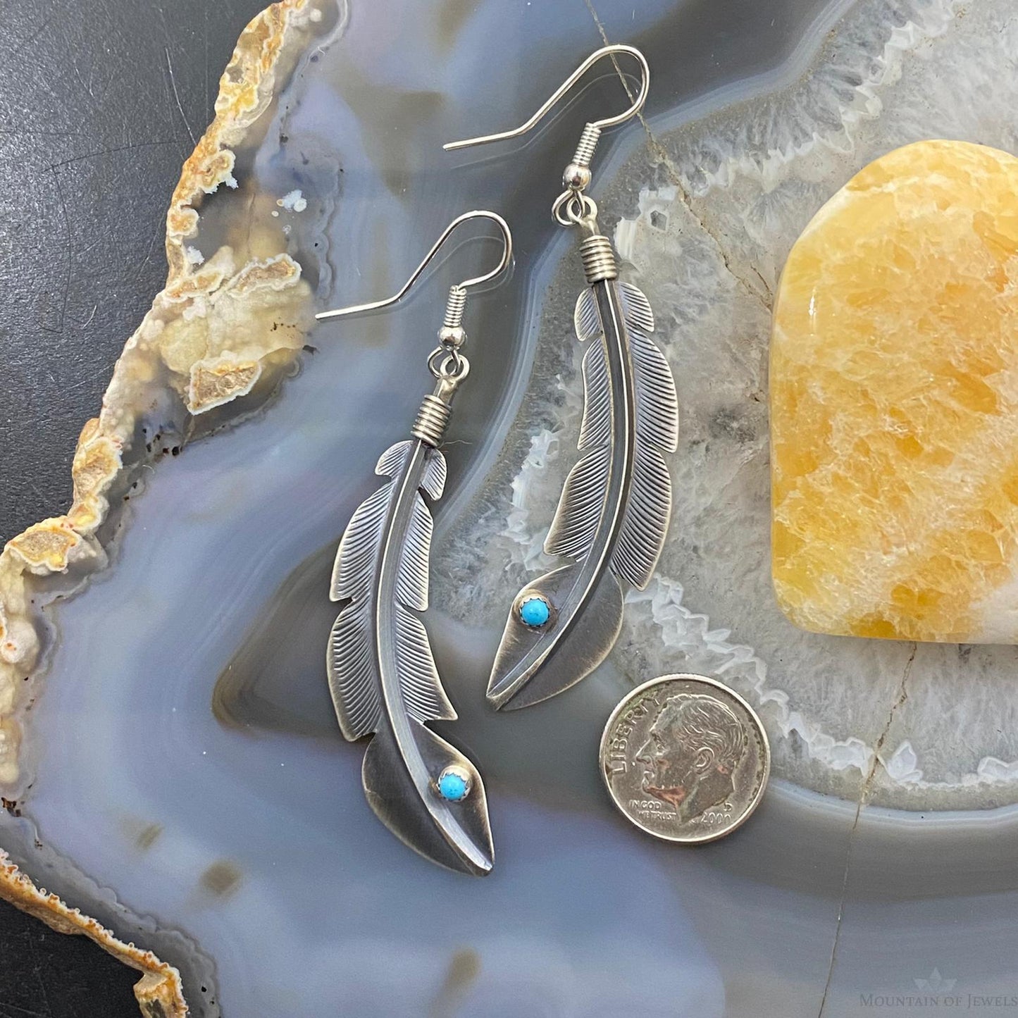 Billy Long Sterling Silver Feather w/Turquoise Dangle Earrings For Women