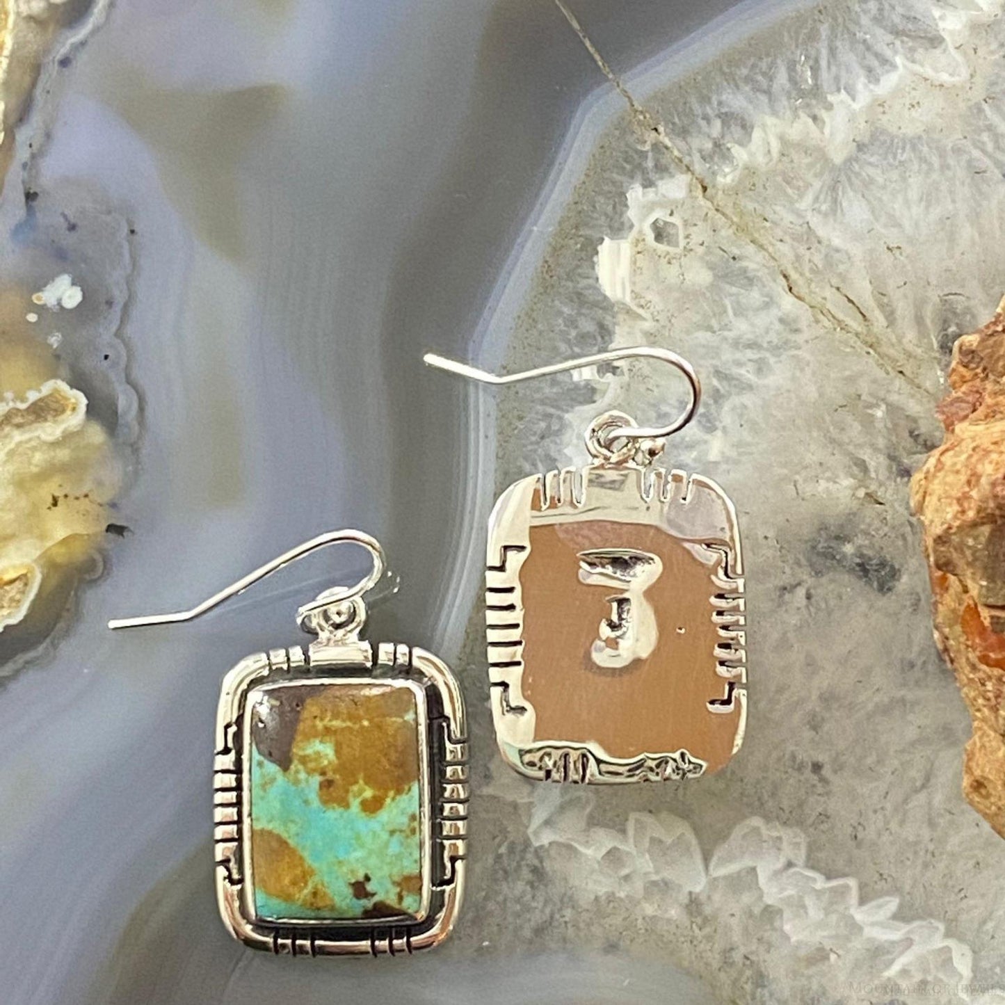 Native American Sterling Silver Boulder Ribbon Turquoise Bar Dangle Earrings For Women