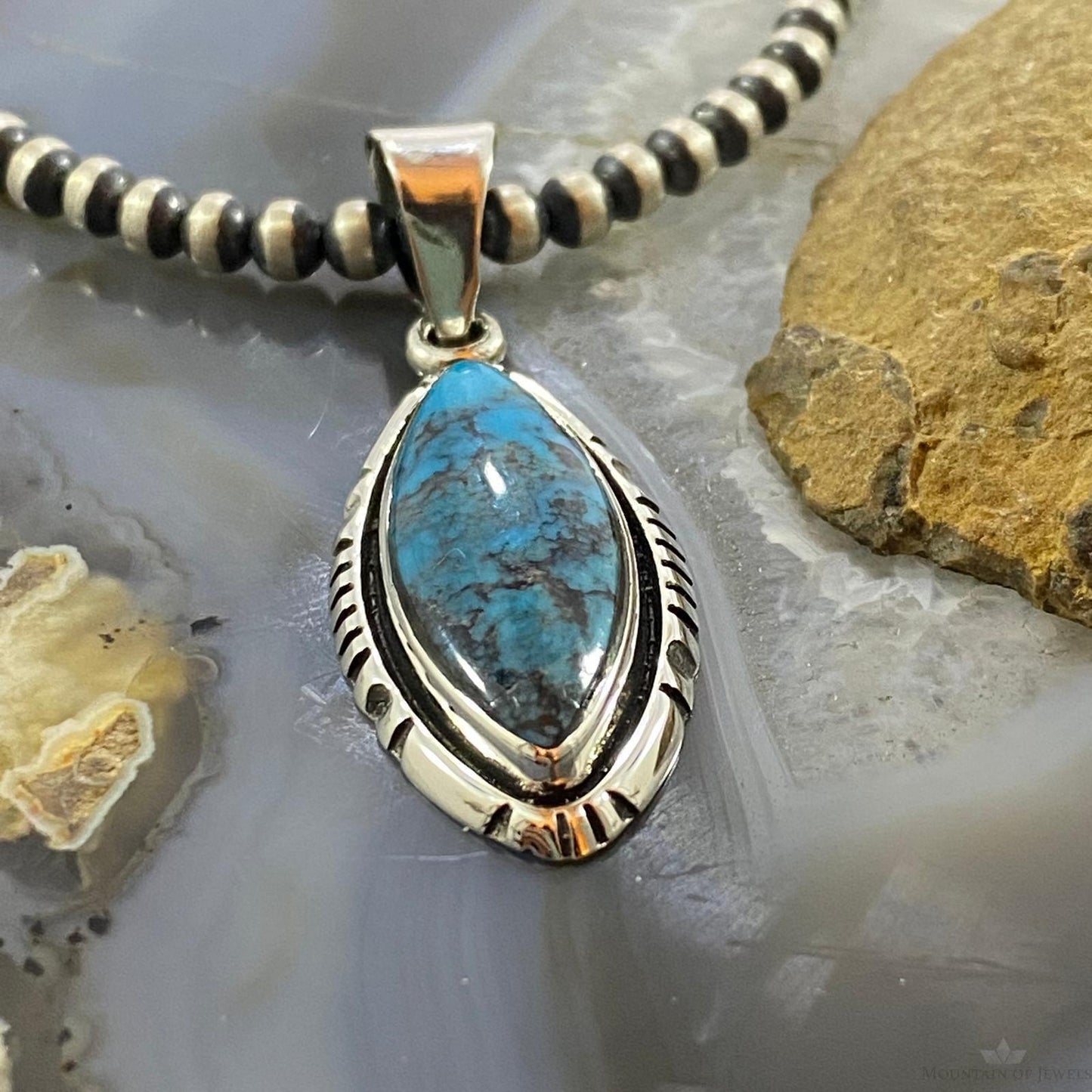 Native American Sterling Silver Turquoise With Matrix Marquise Pendant For Women