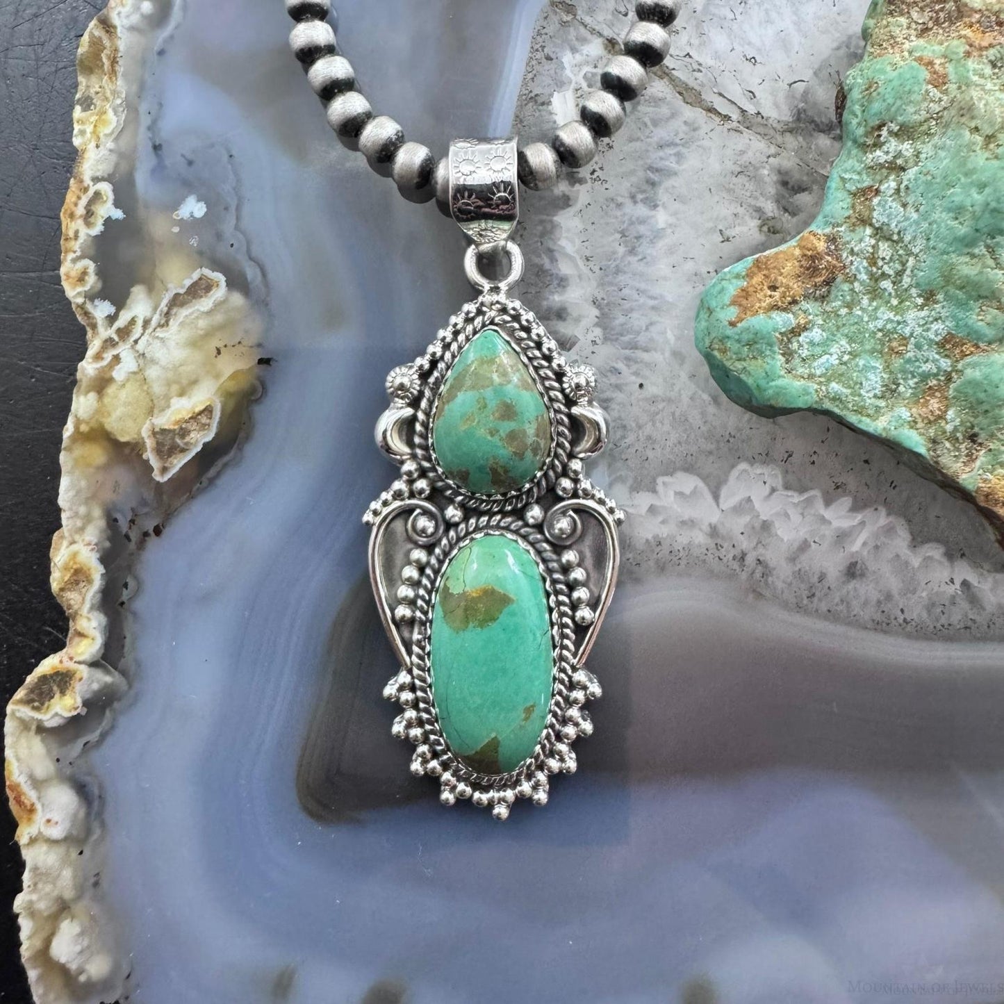 Sterling Silver Southwestern Style Long Turquoise Decorated Pendant For Women