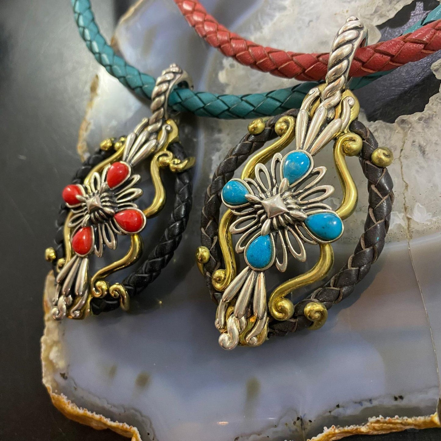 Carolyn Pollack Southwestern Style Sterling Silver/Brass/Leather Multi-gemstone Decorated Pendant For Women