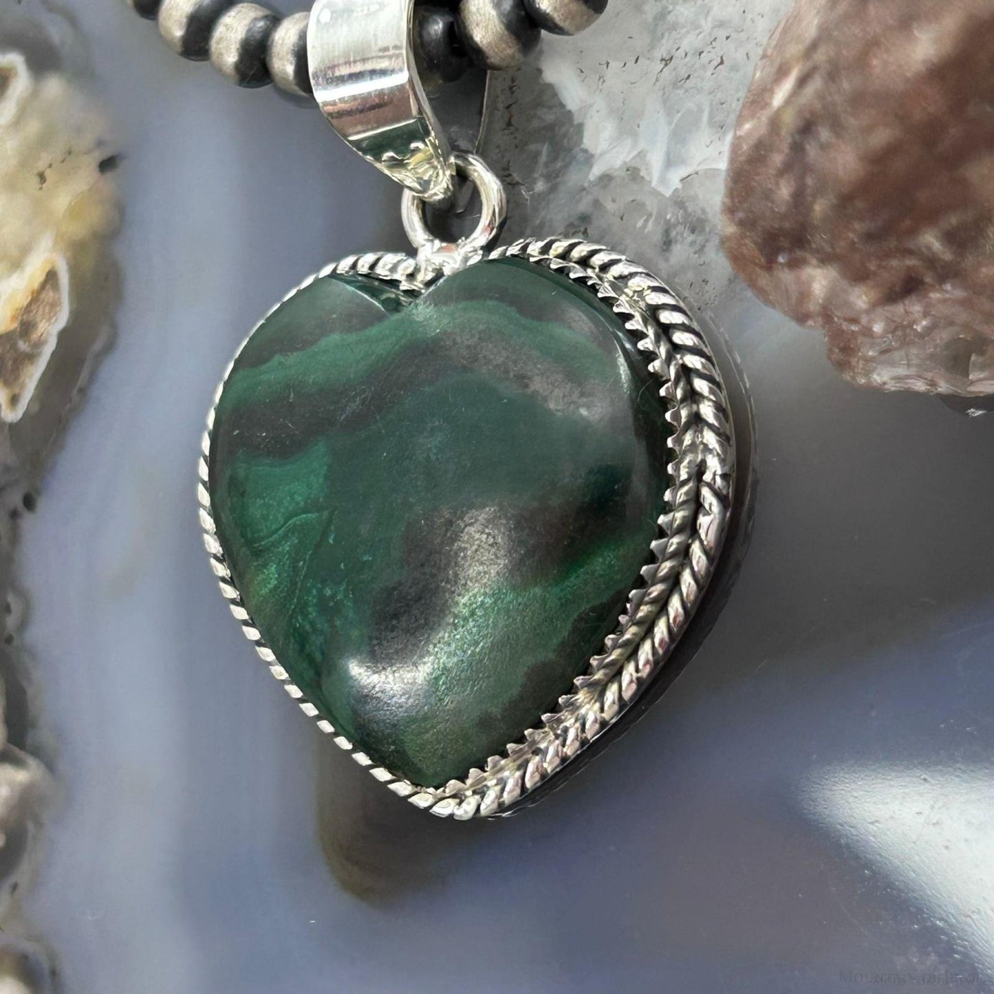Sterling Silver Southwestern Style Malachite Heart Pendant For Women
