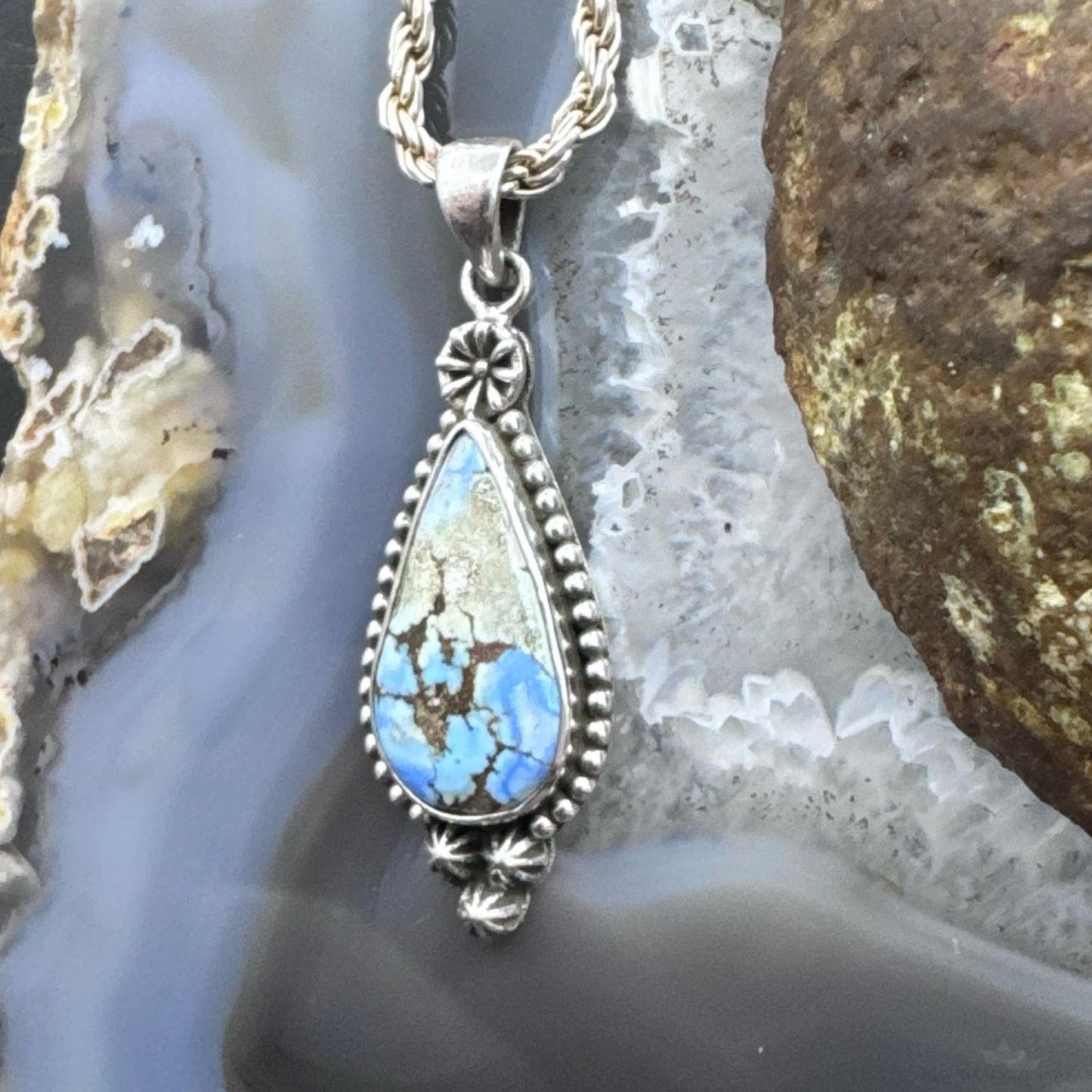 Sterling Silver Southwestern Style Teardrop Golden Hill Turquoise Pendant For Women