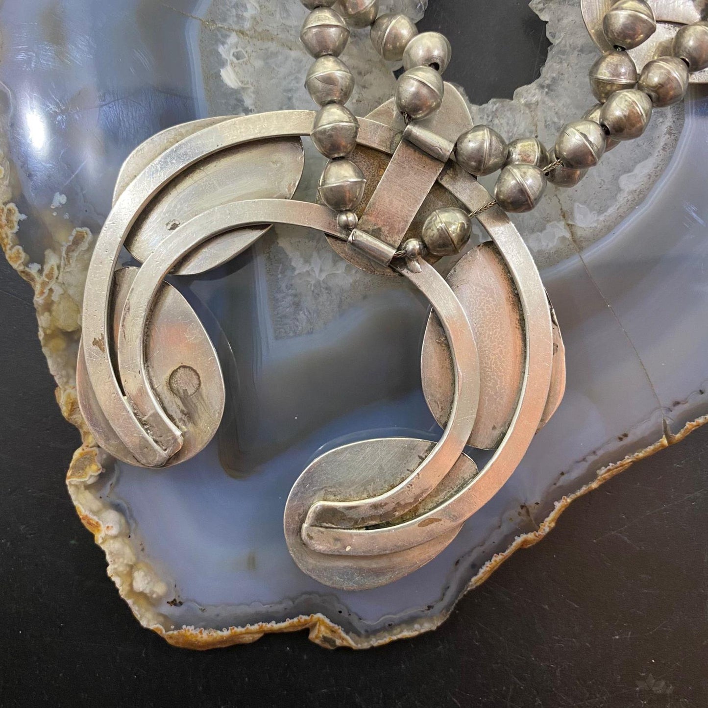 Native American Silver Shadow Box Turquoise Squash Blossom Necklace 31"