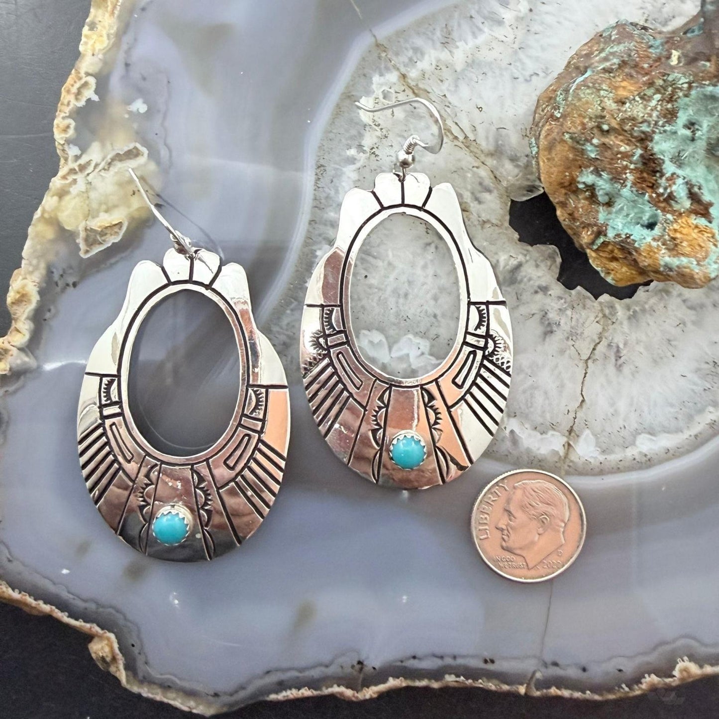 Tommy & Rosita Singer Sterling Silver Dot Turquoise Engraved Dangle Earrings For Women