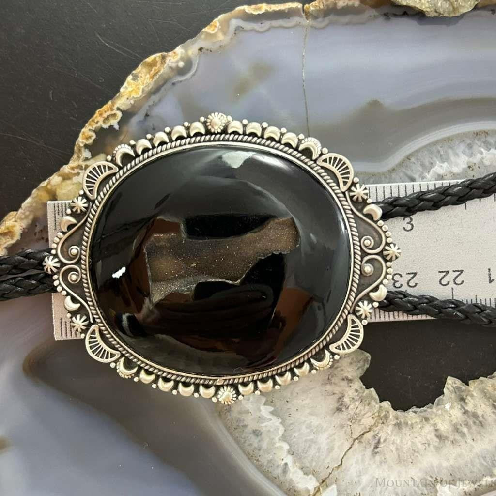 Sterling Silver Southwestern Style Large Round Onyx Decorated Bolo Tie For Men