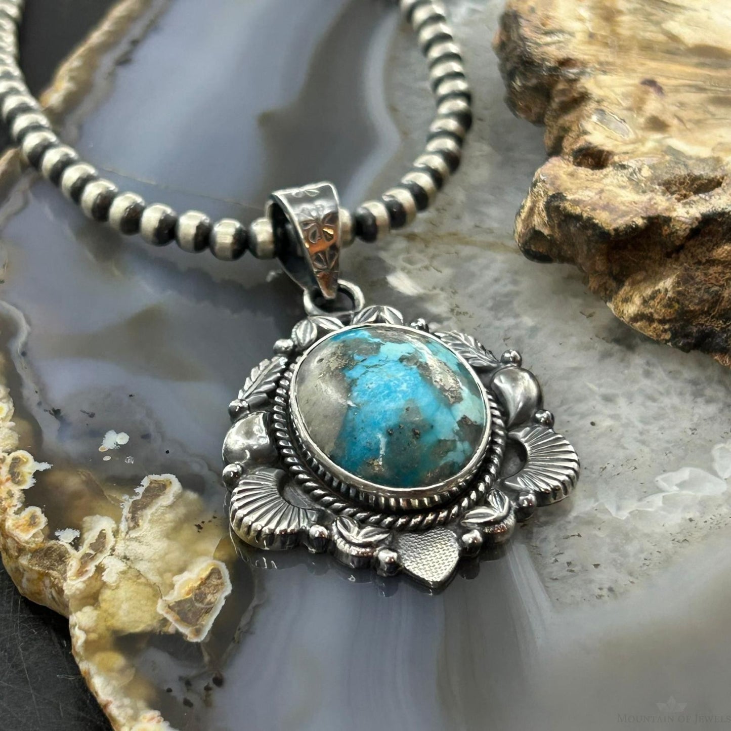 Sterling Silver Southwestern Style Oval Turquoise Decorated Pendant For Women #6