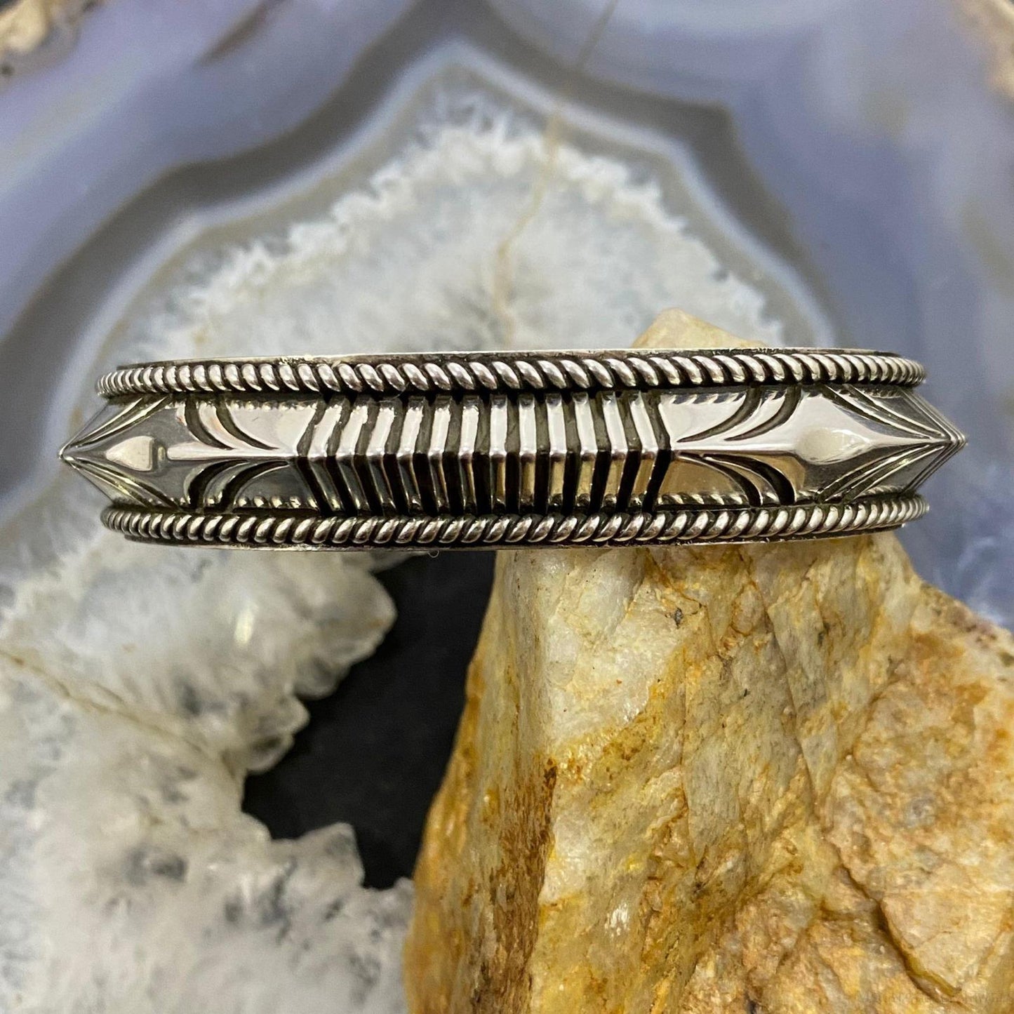 Artie Yellowhorse/Henry Chackee Sterling Silver Engraved Carinated Bracelet For Women