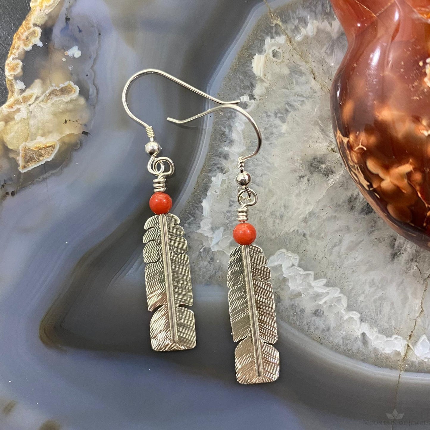 David Kuticka Native American Sterling Silver Feather w/Coral Dangle Earrings #2