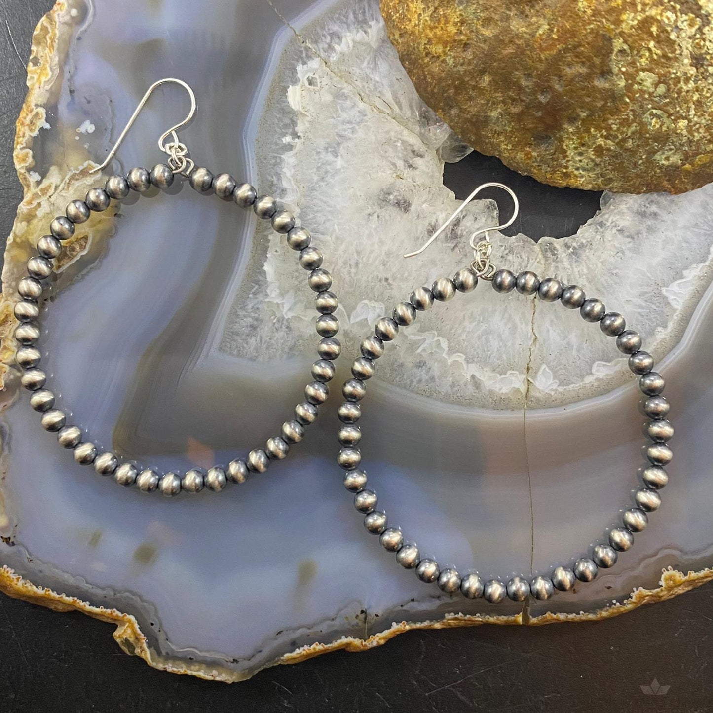 Native American Sterling Silver Navajo Pearl Beads 4mm Hoop Dangle Earrings