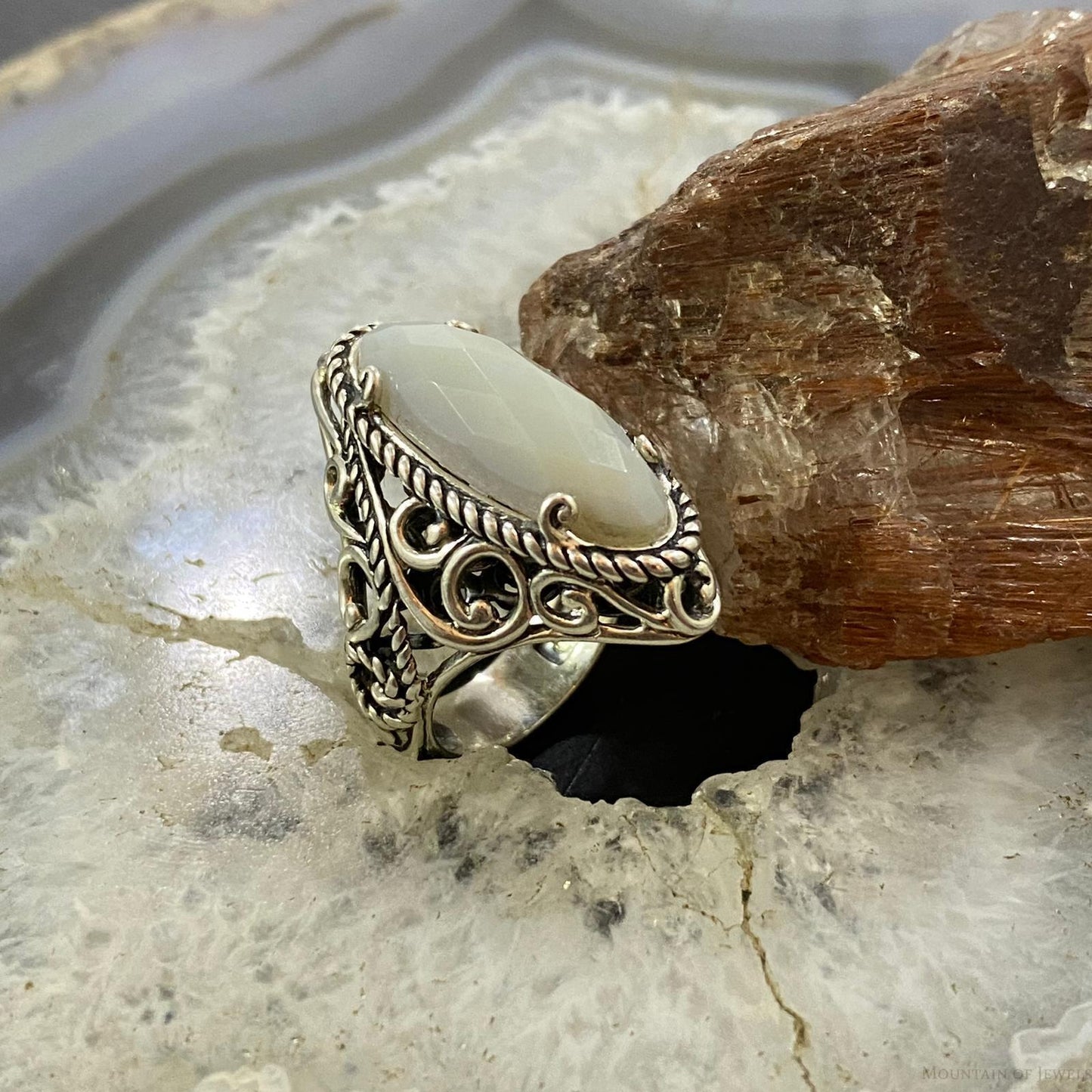 Carolyn Pollack Sterling Silver Marquise Faceted Blue Lace Agate Decorated Ring For Women