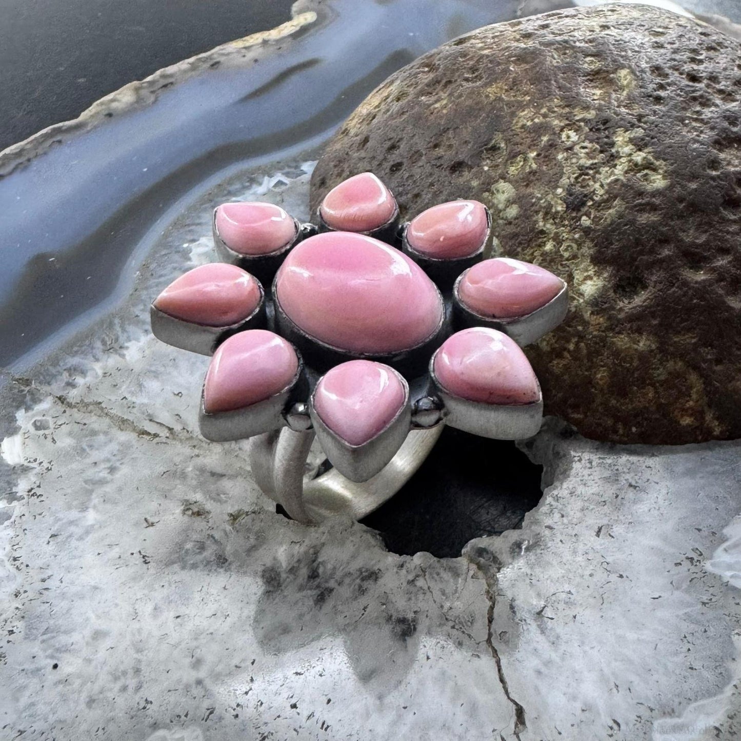 Native American Sterling Silver Pink Conch Adjustable Cluster Ring For Women
