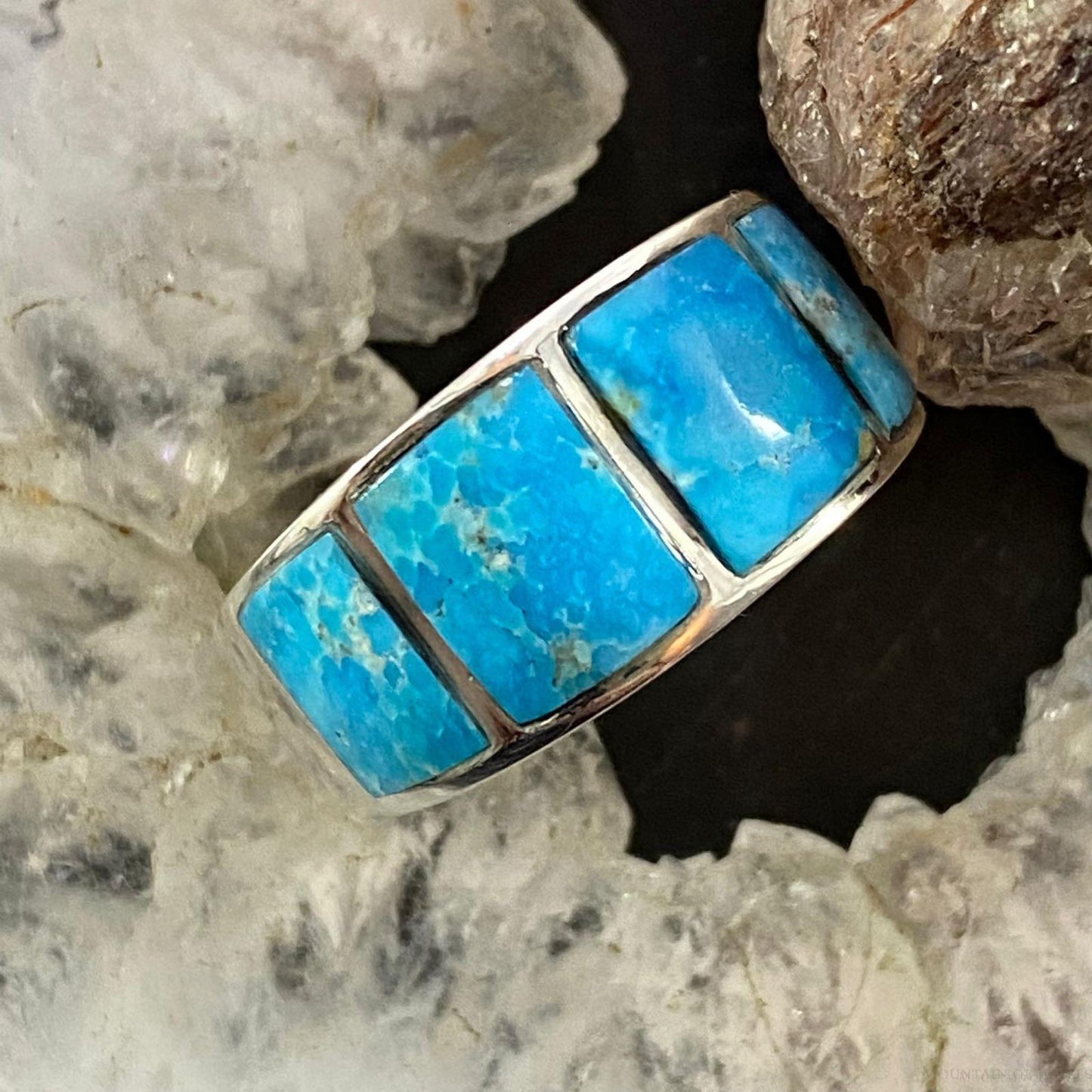 Native American Sterling Silver Blue Ridge Turquoise Graduated Band Ring Size 7