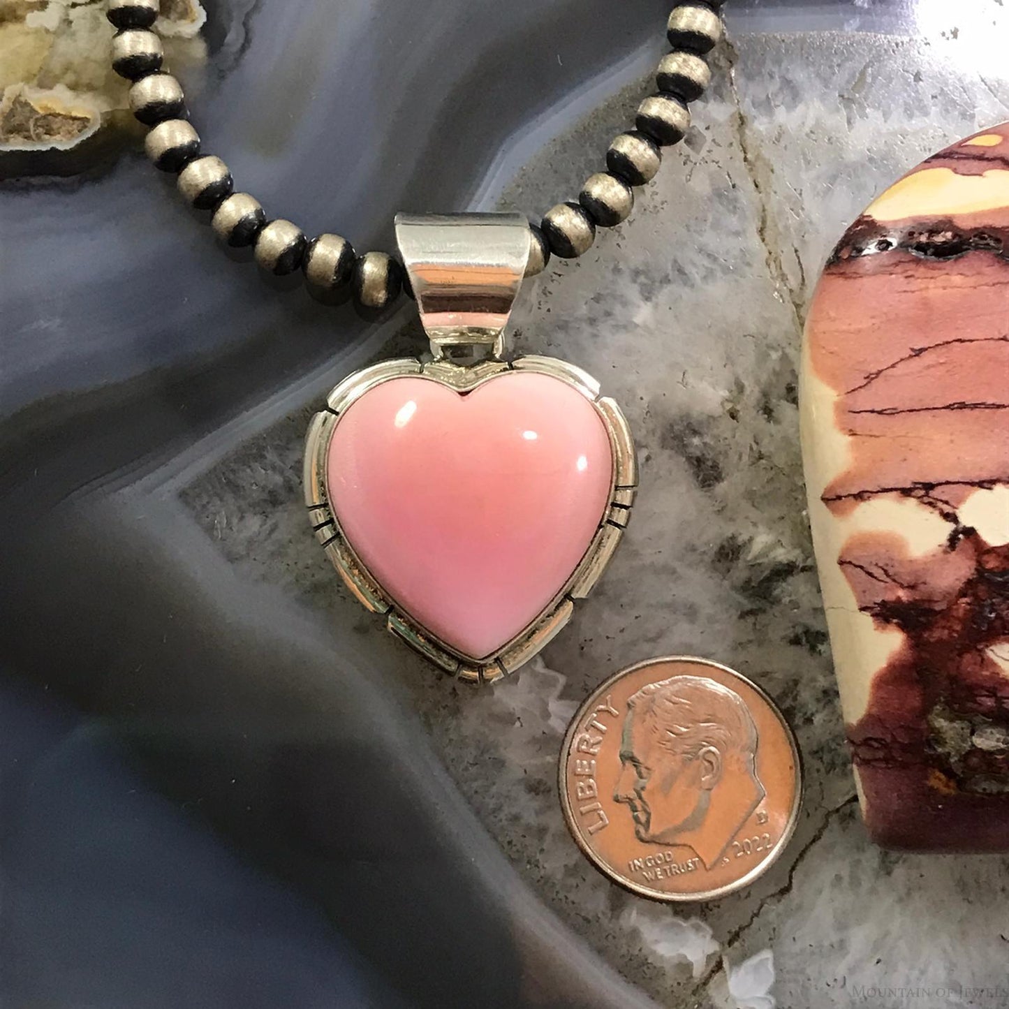 Samson Edsitty Native American Sterling Silver Pink Conch Heart Pendant For Women