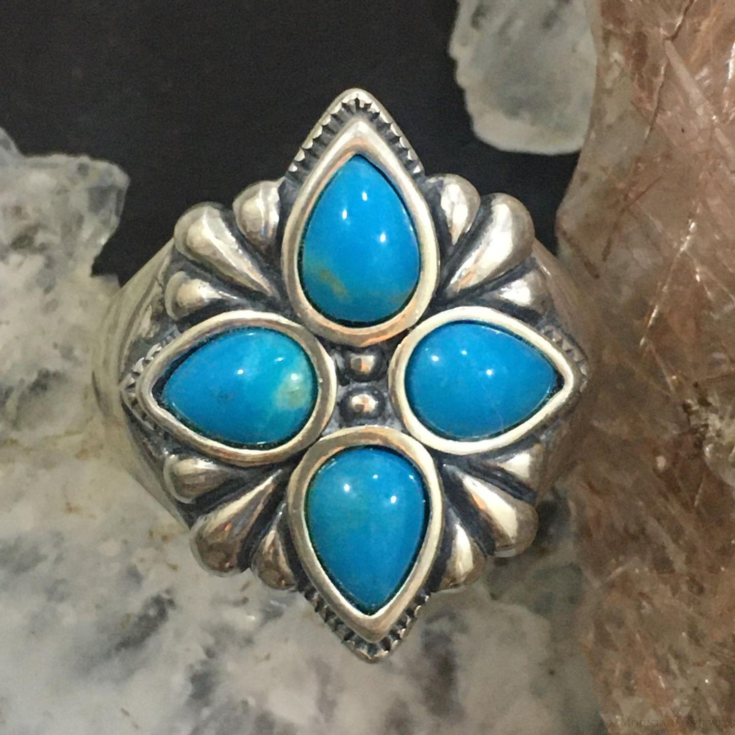 Carolyn Pollack Southwestern Style Sterling Silver 4 Sleeping Beauty Turquoise Cluster Ring For Women