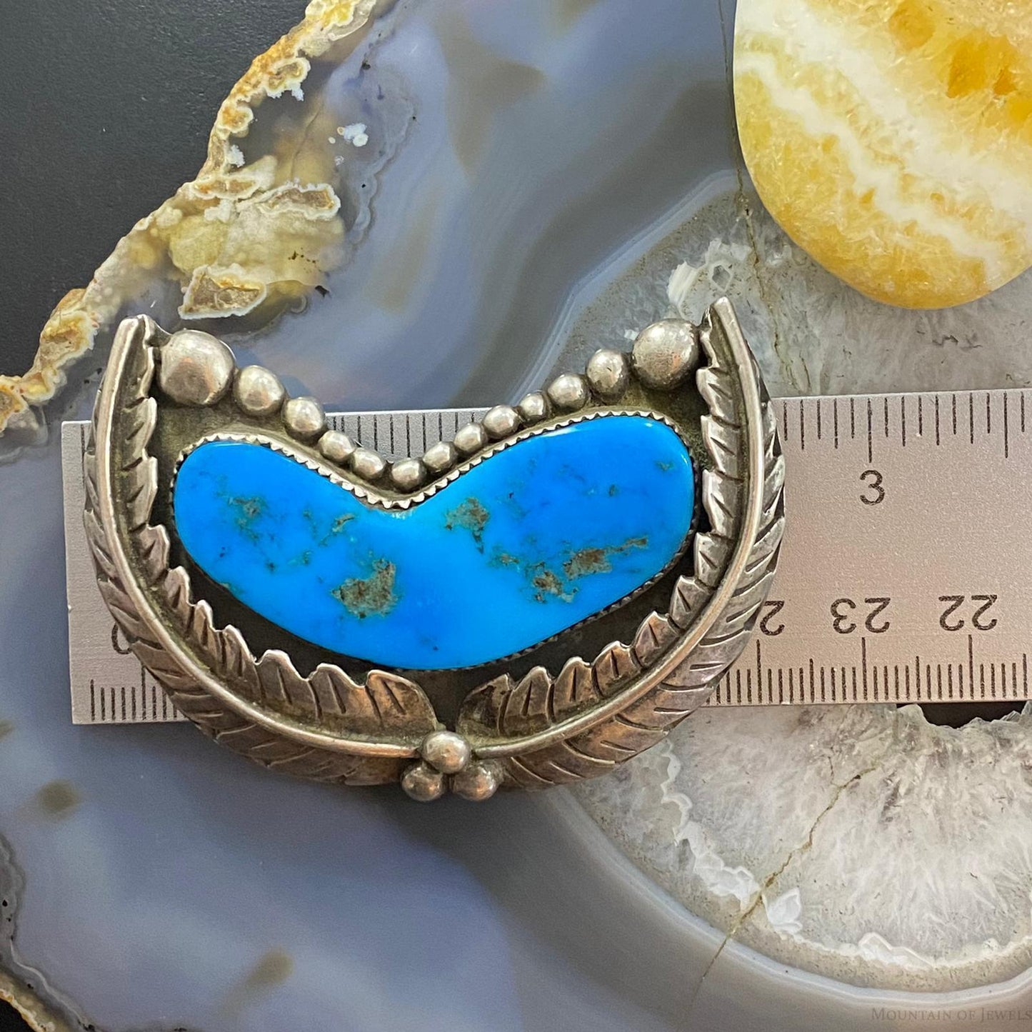 Vintage Native American Silver Turquoise and Leaves Decorated Brooch For Women