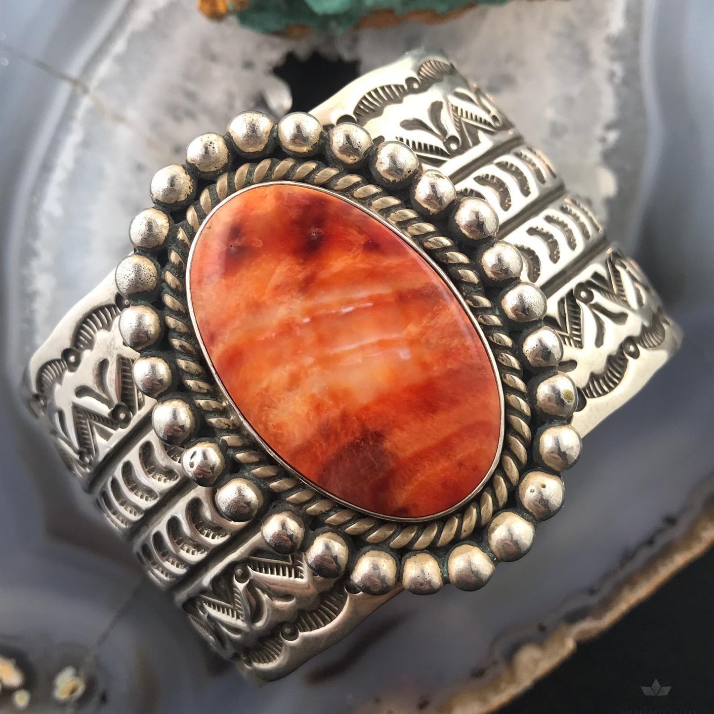 Elroy Chavez Native American Sterling Oval Spiny Oyster Stamped Heavy Bracelet