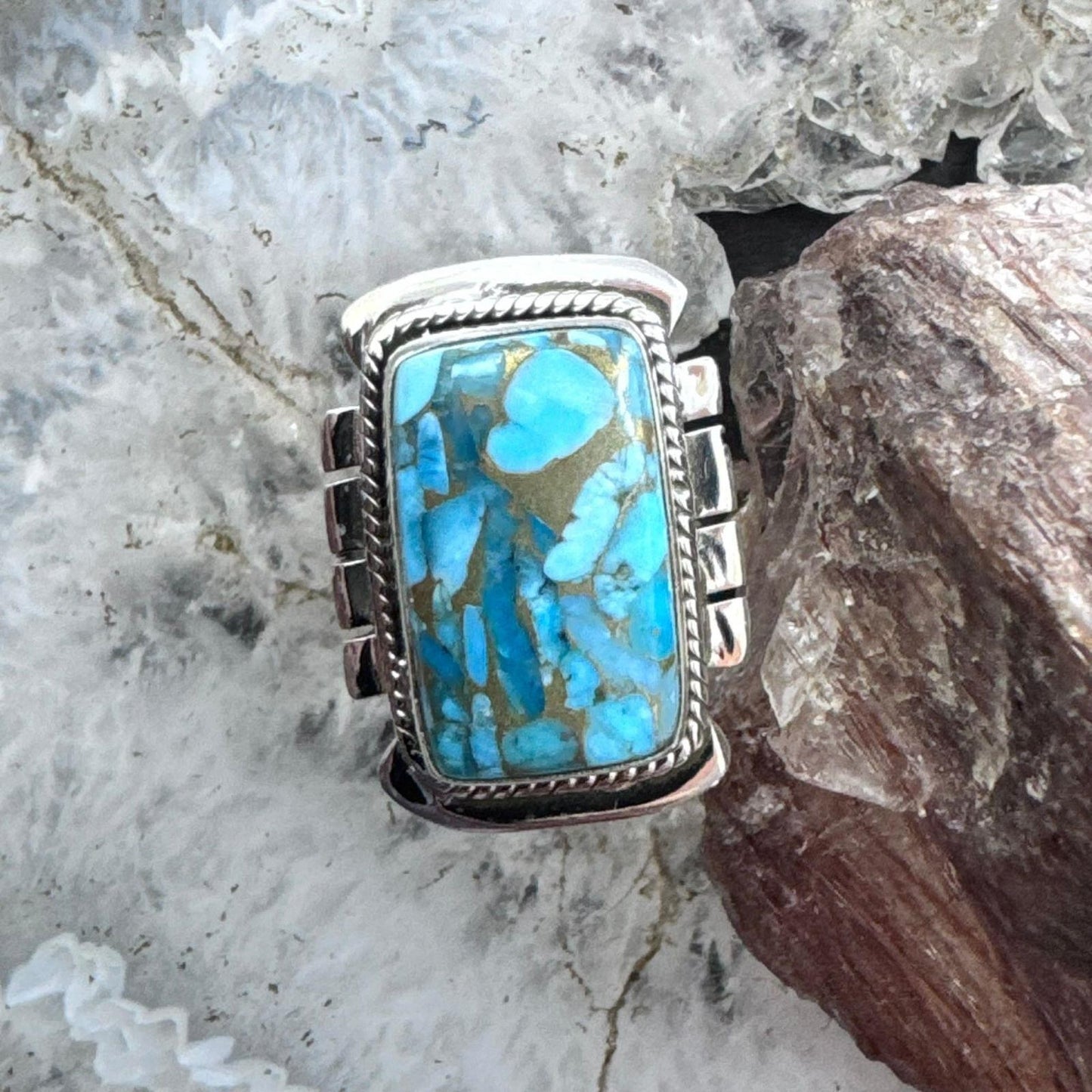 Sterling Silver Southwestern Style Blue Copper Turquoise Bar Ring Size 8 For Women