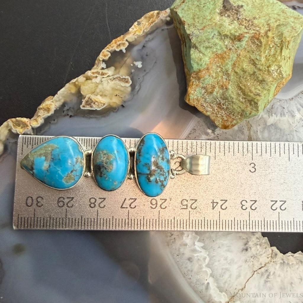 Sterling Silver Southwestern Style 3 Kingman Turquoise Pendant For Women