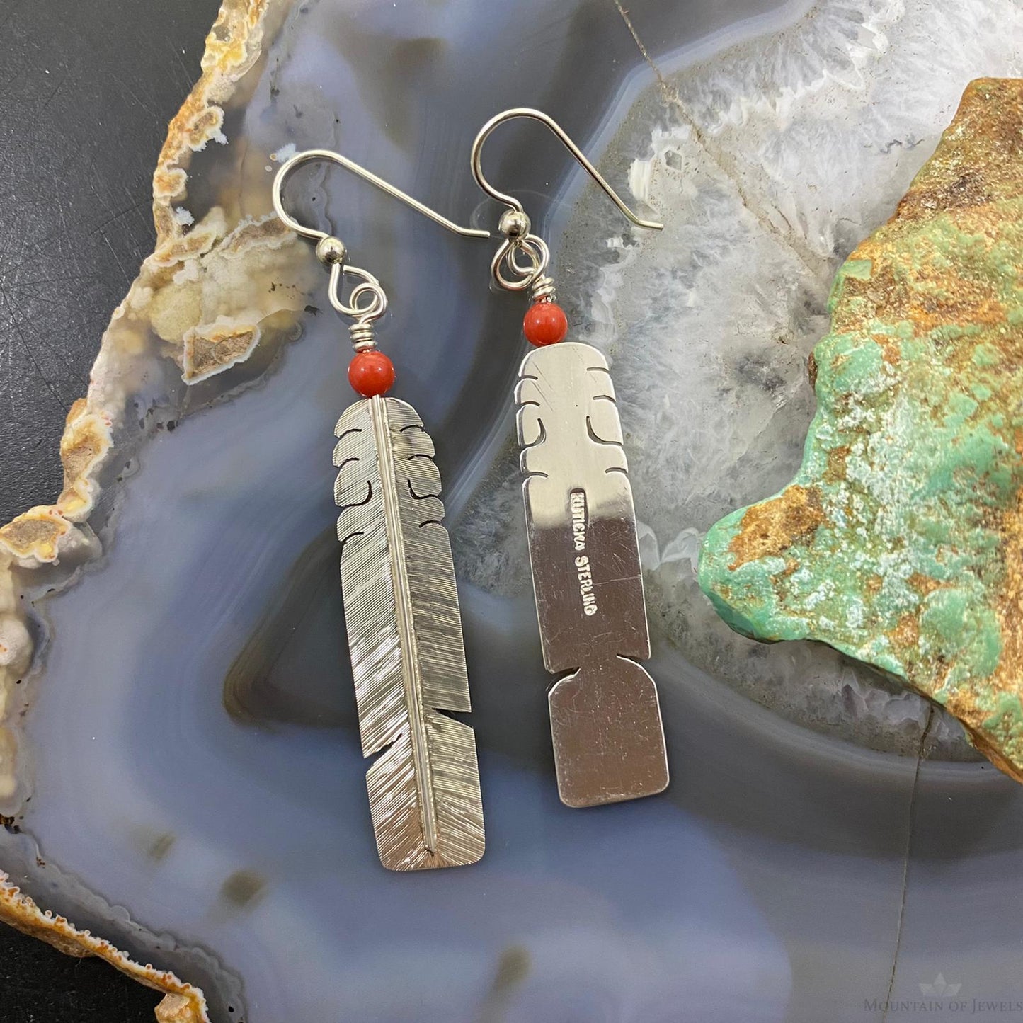 David Kuticka Native American Sterling Silver Feather w/Coral Dangle Earrings #1