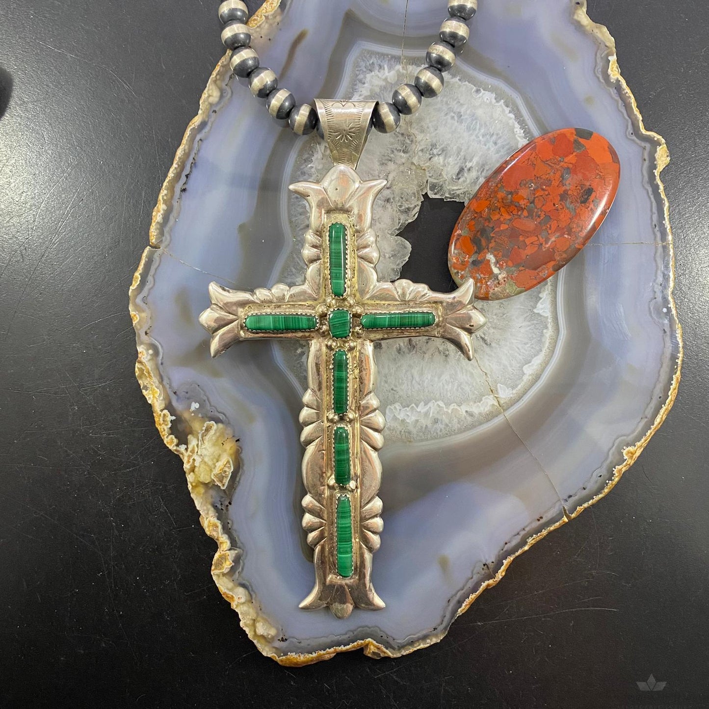 G & L Leekity Vintage Sterling Silver Sandcast Malachite Unisex Cross Pendant