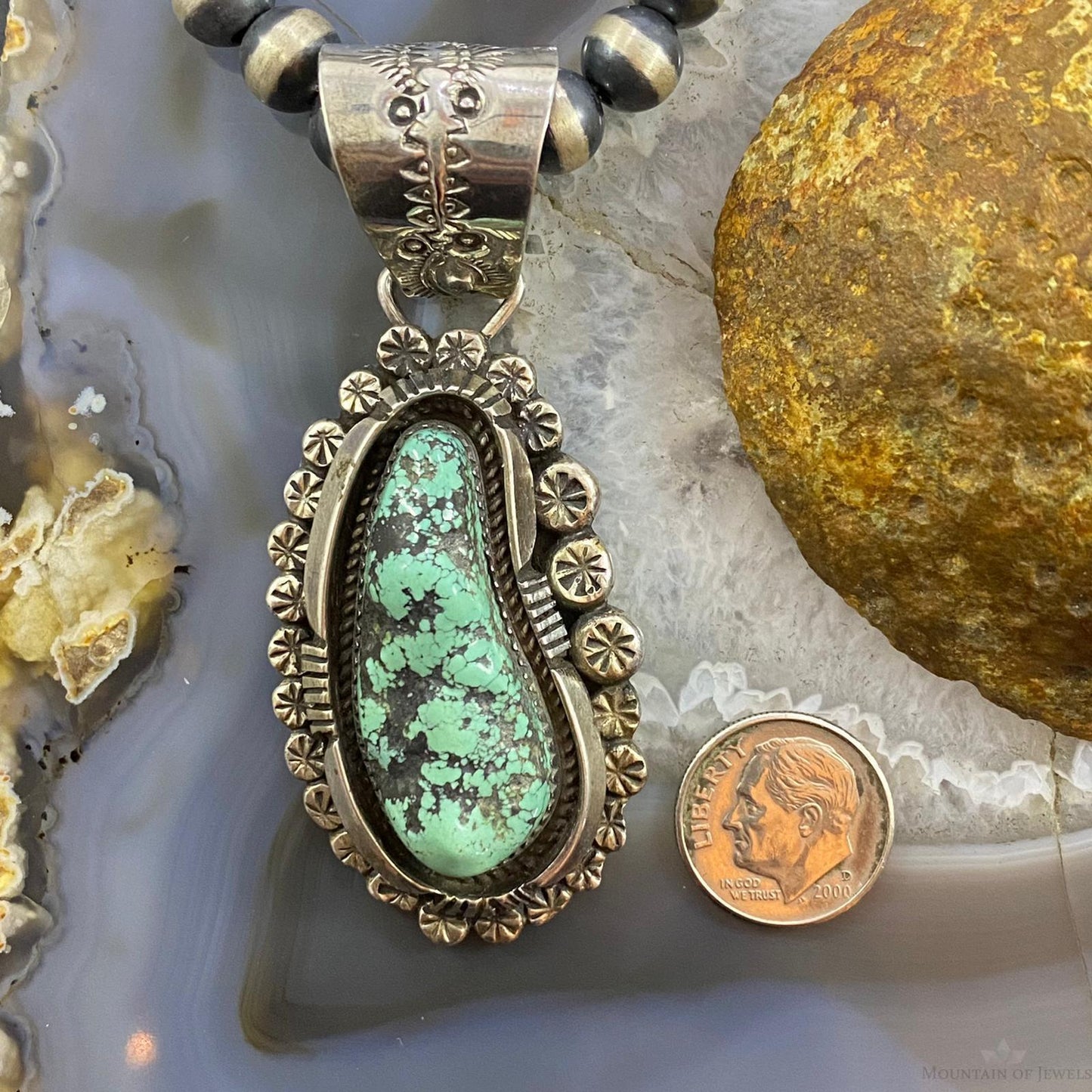 Native American Sterling Silver Green Kingman Turquoise Decorated Pendant