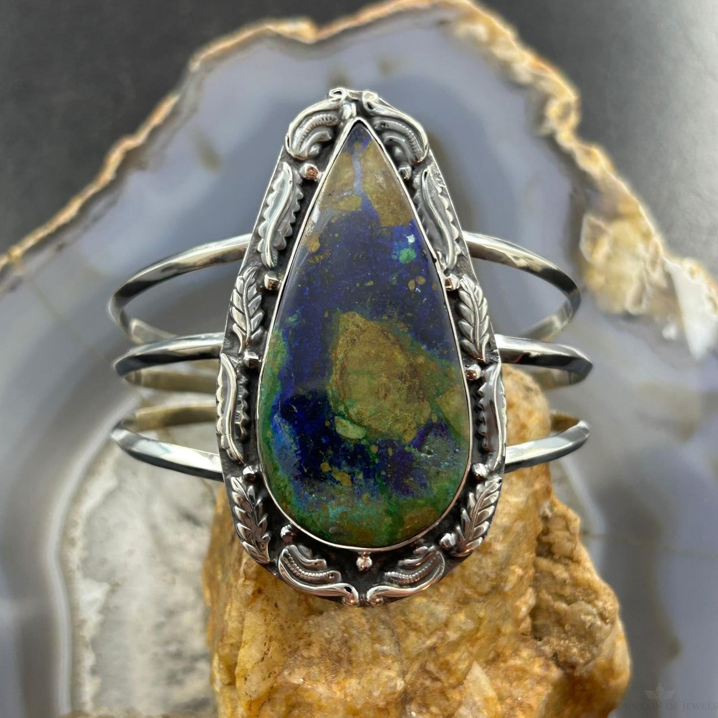 Sterling Silver Southwestern Style Large Teardrop Azurite Malachite Bracelet For Women