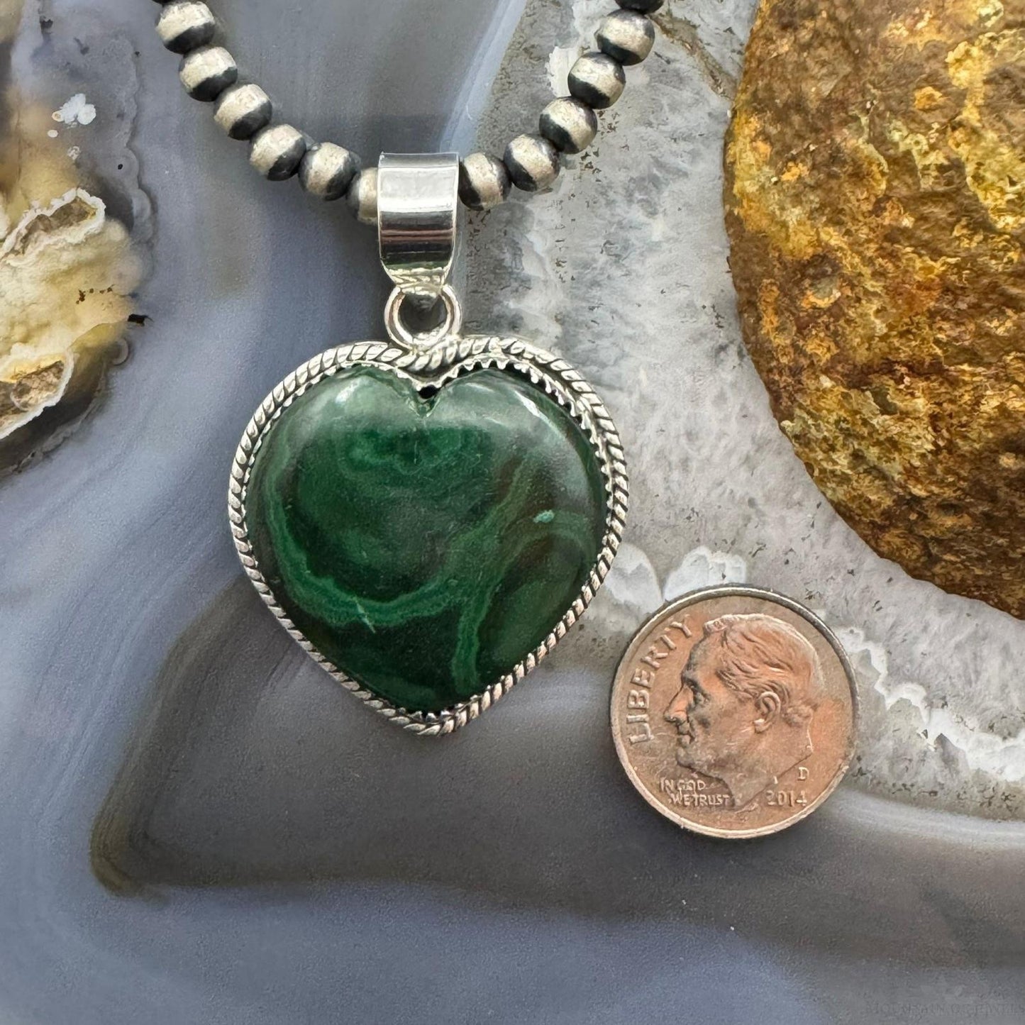 Sterling Silver Southwestern Style Malachite Heart Shape Pendant For Women
