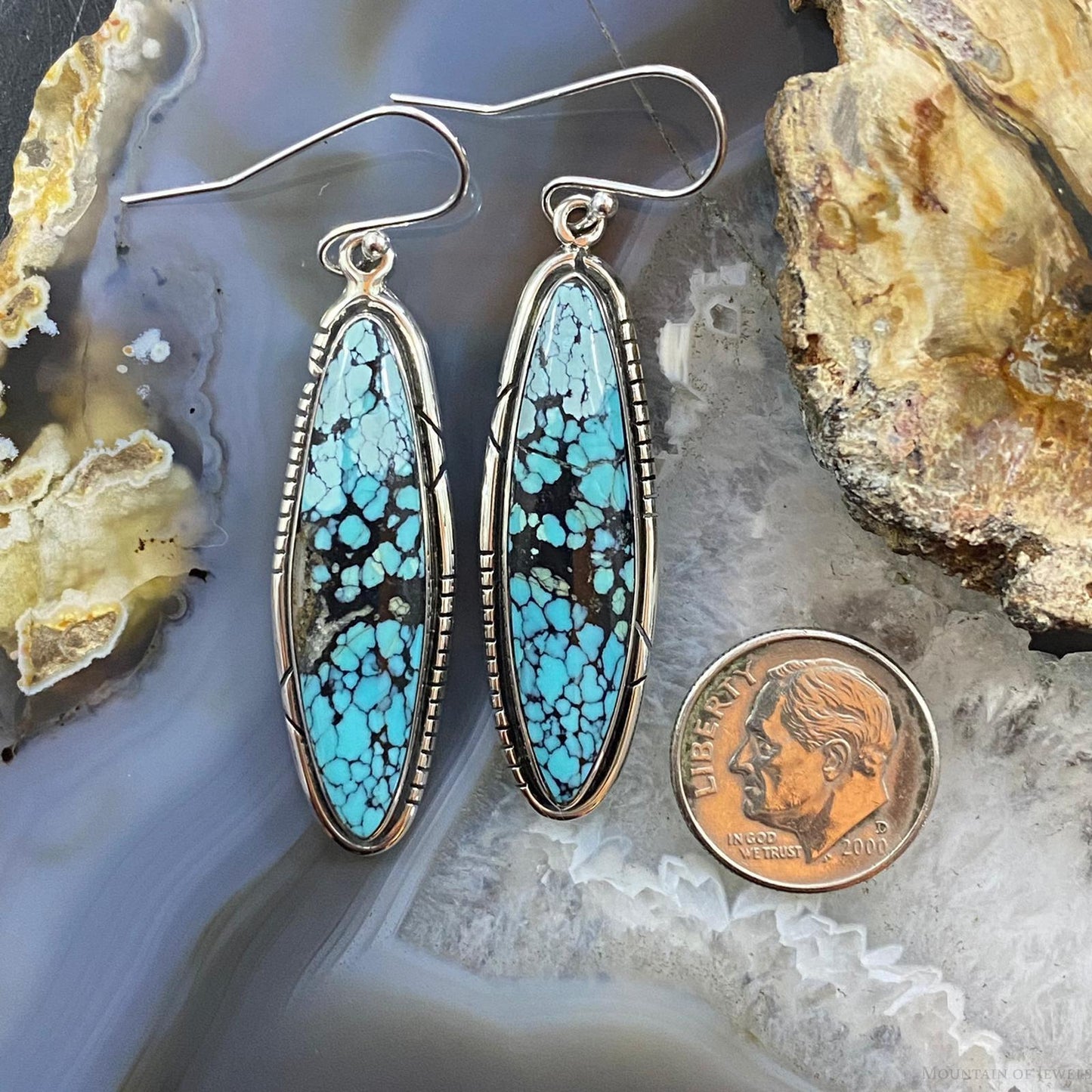 Native American Sterling Silver Marquise Chinese Turquoise Dangle Earrings