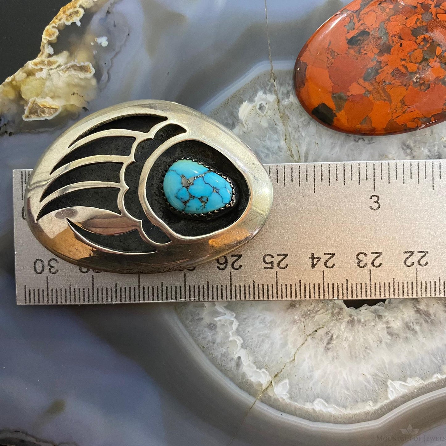 Vintage Native American Silver Turquoise Shadowbox Bear Claw Brooch For Women
