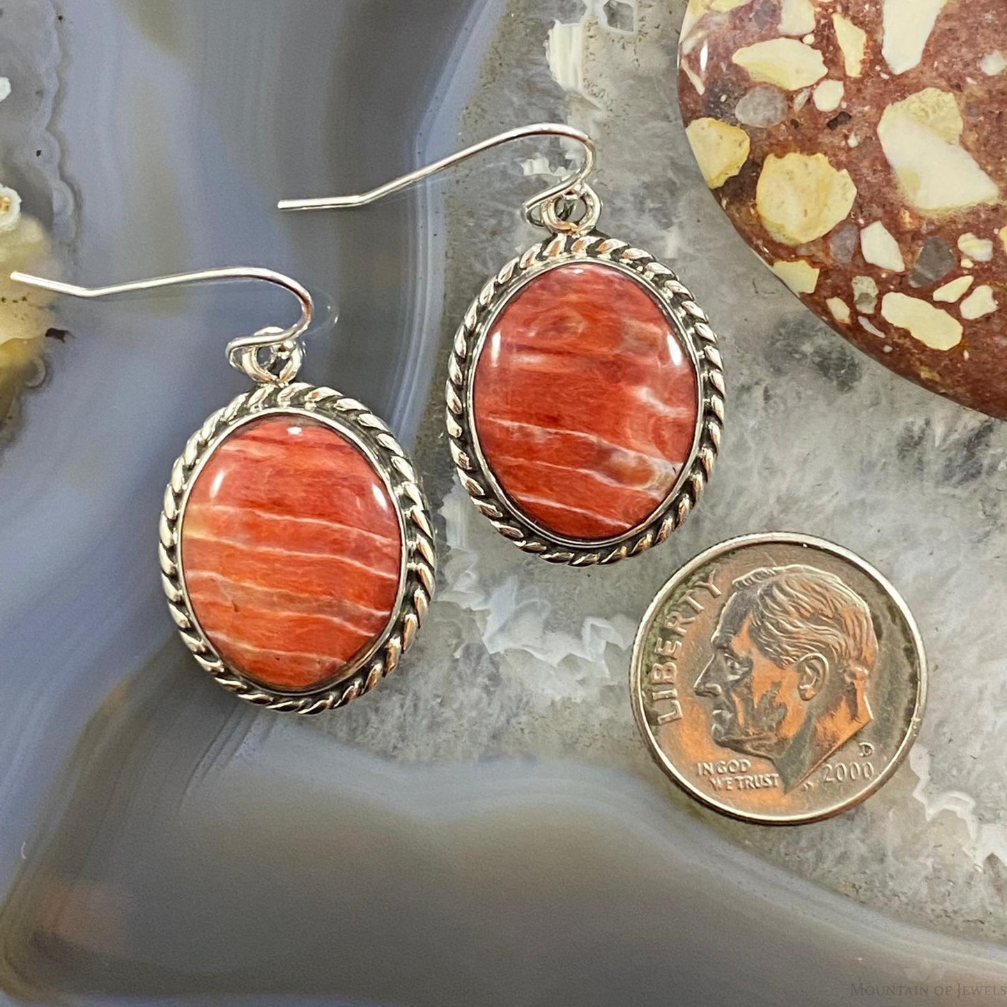 Native American Sterling Silver Oval Spiny Oyster Dangle Earrings For Women #1