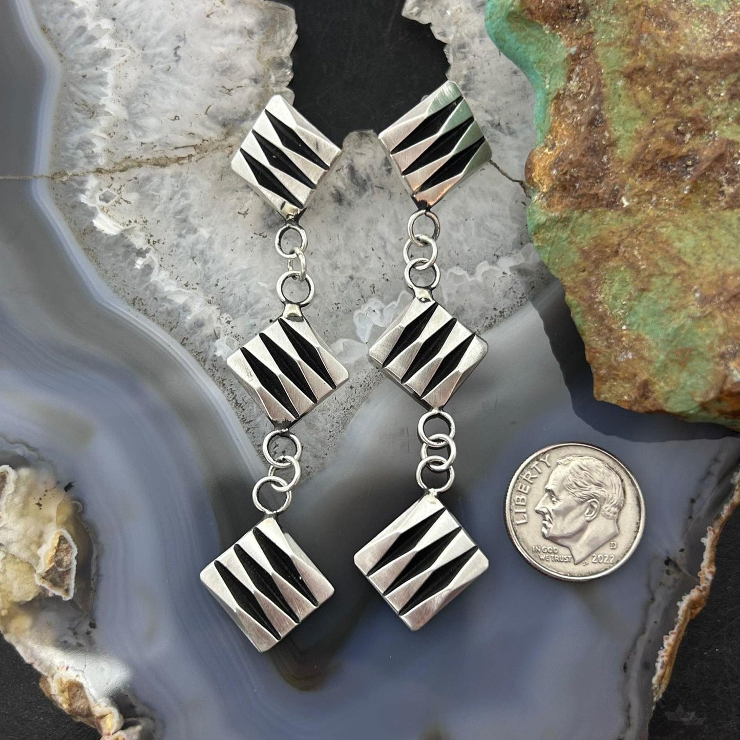 Leander Tahe Native American Sterling Silver 3 Square 3D Geometric Dangle Earrings For Women