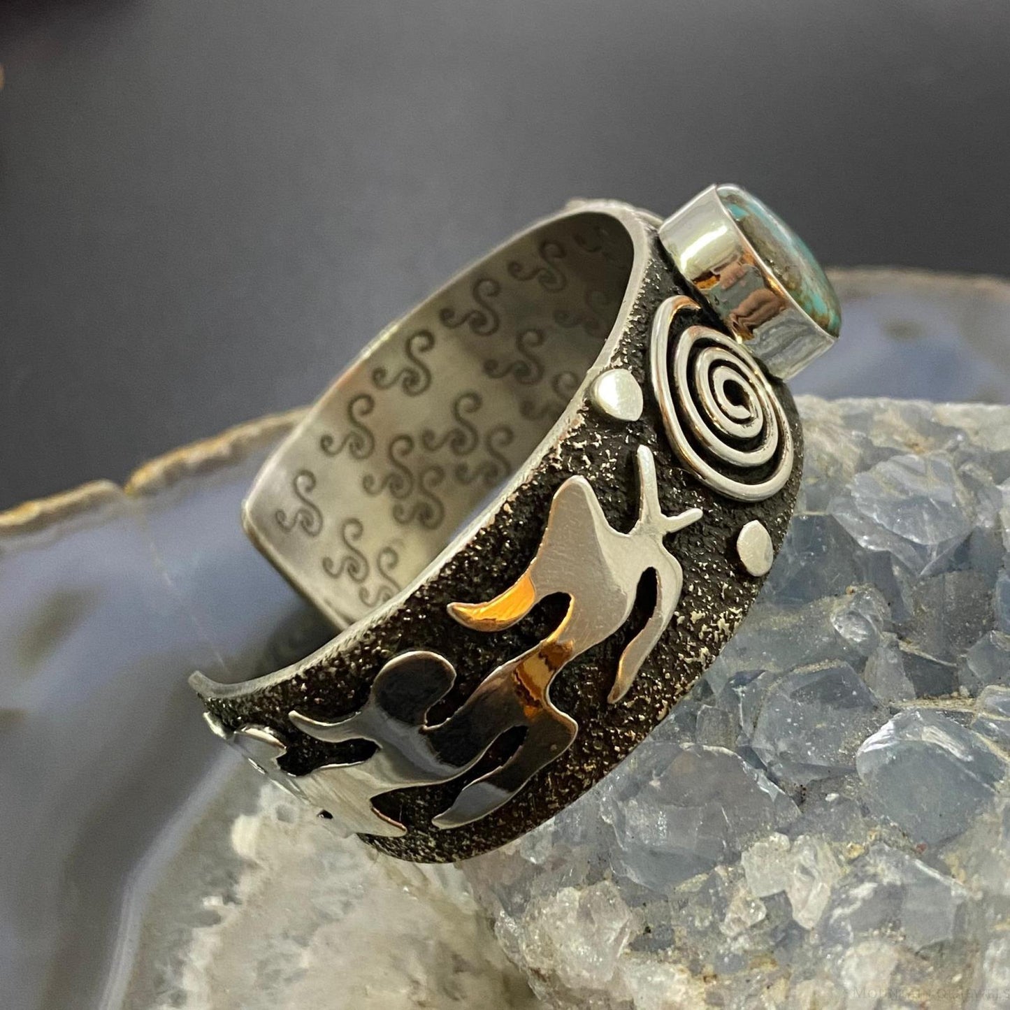 Alex Sanchez Native American Sterling Silver Turquoise Petroglyph Bracelet #5