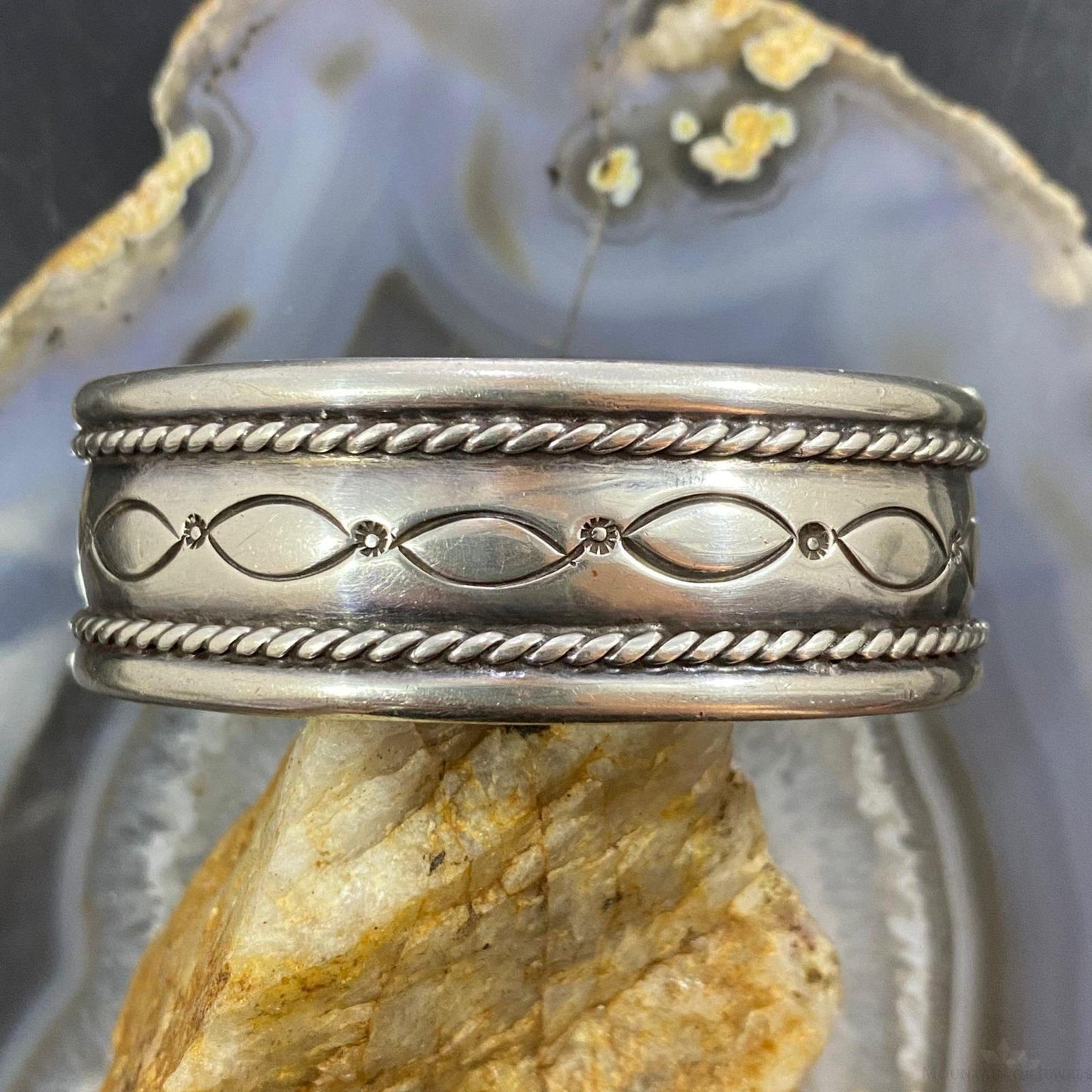 Vintage Native American Silver Stamped & Decorated Heavy Bracelet For Women